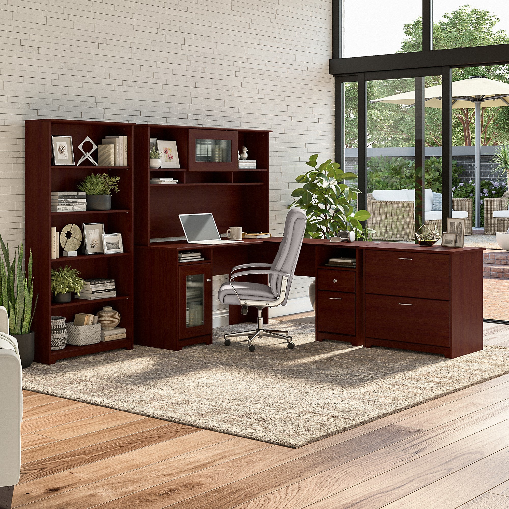 Bush Furniture Cabot 60W L Shaped Computer Desk with Hutch, File Cabinet and Bookcase