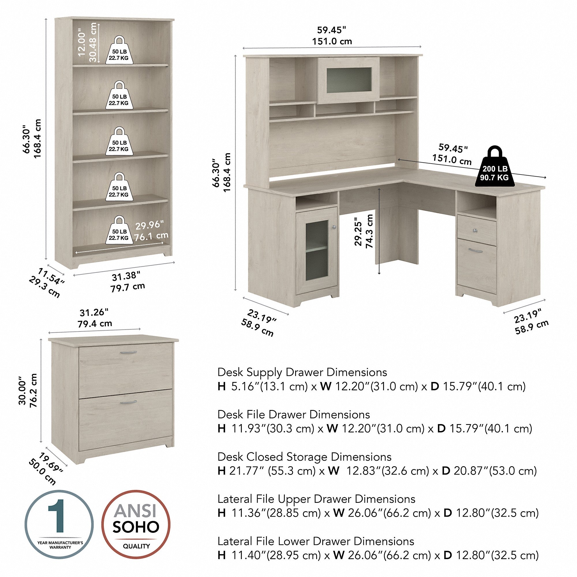 Bush Furniture Cabot 60W L Shaped Computer Desk with Hutch, File Cabinet and Bookcase