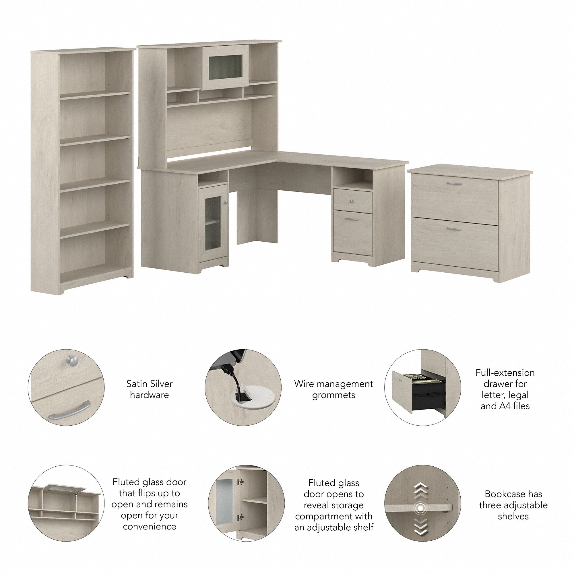 Bush Furniture Cabot 60W L Shaped Computer Desk with Hutch, File Cabinet and Bookcase