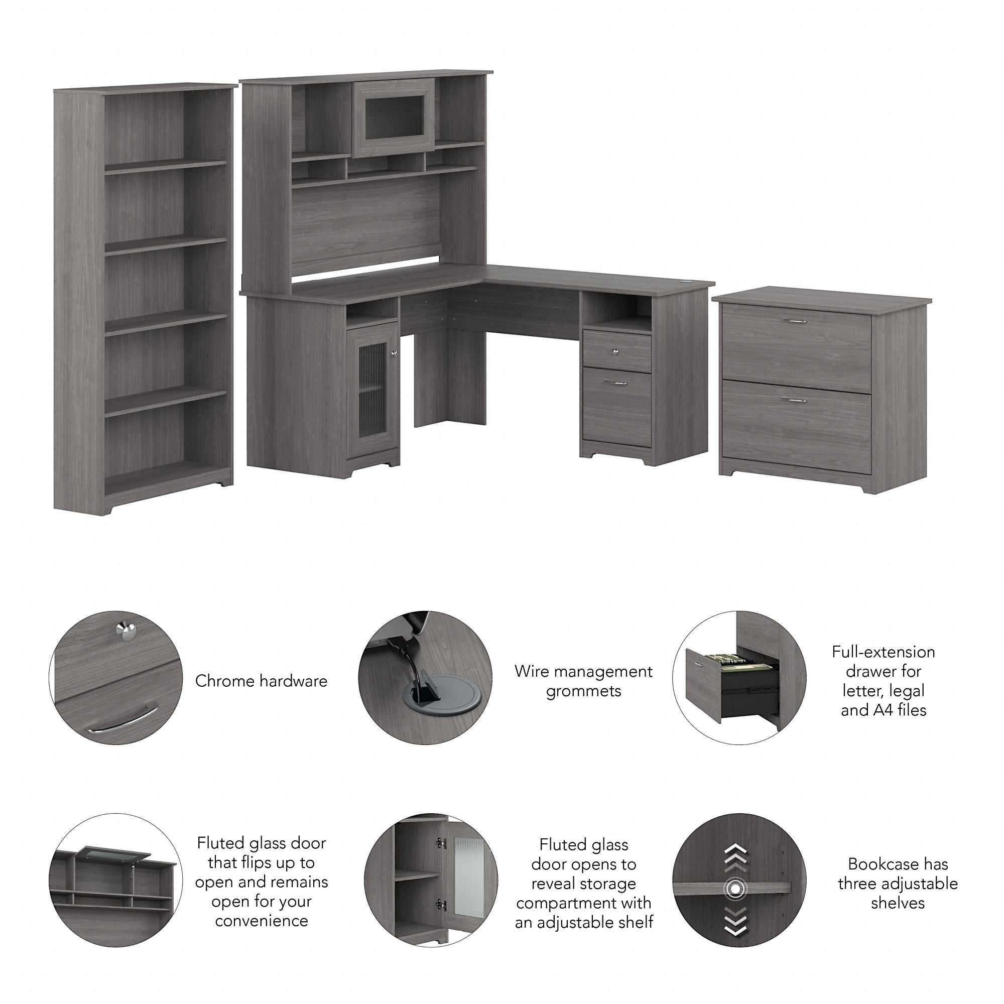 Bush Furniture Cabot 60W L Shaped Computer Desk with Hutch, File Cabinet and Bookcase