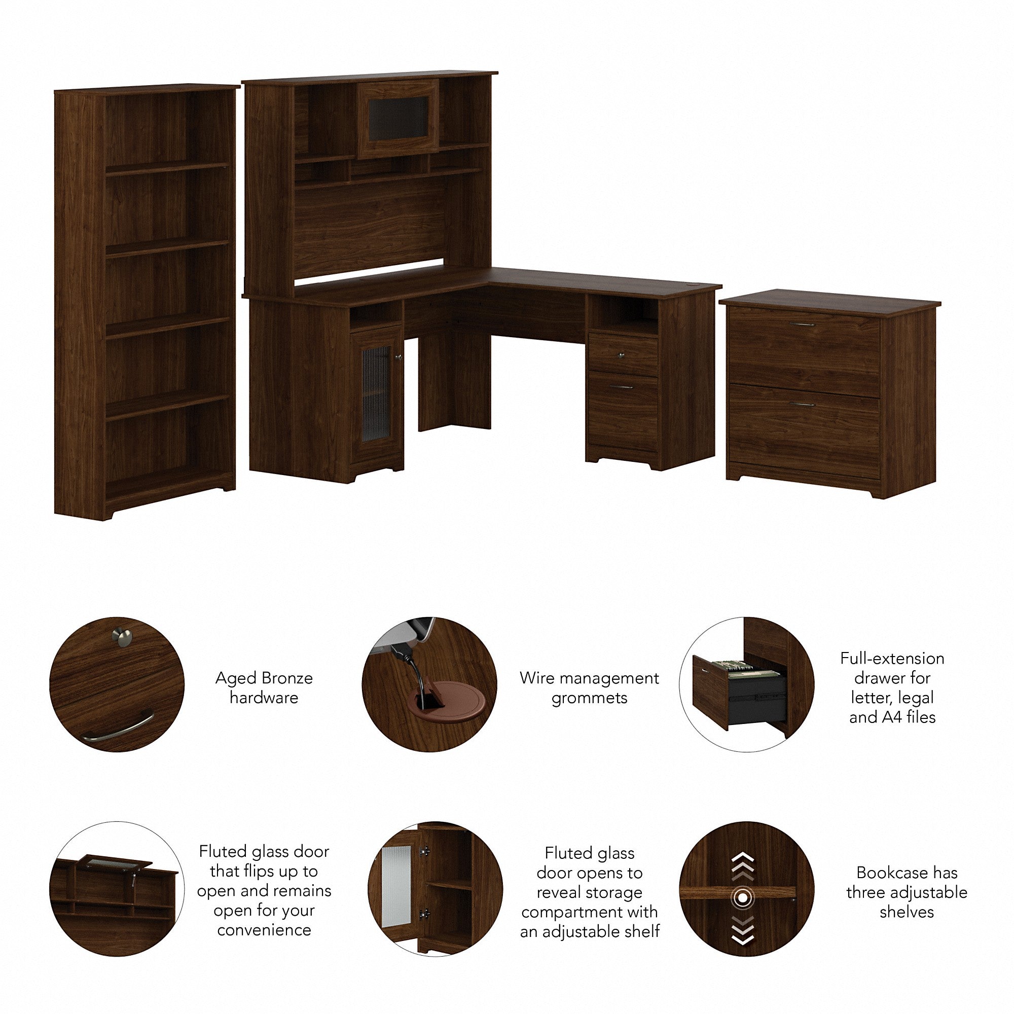 Bush Furniture Cabot 60W L Shaped Computer Desk with Hutch, File Cabinet and Bookcase