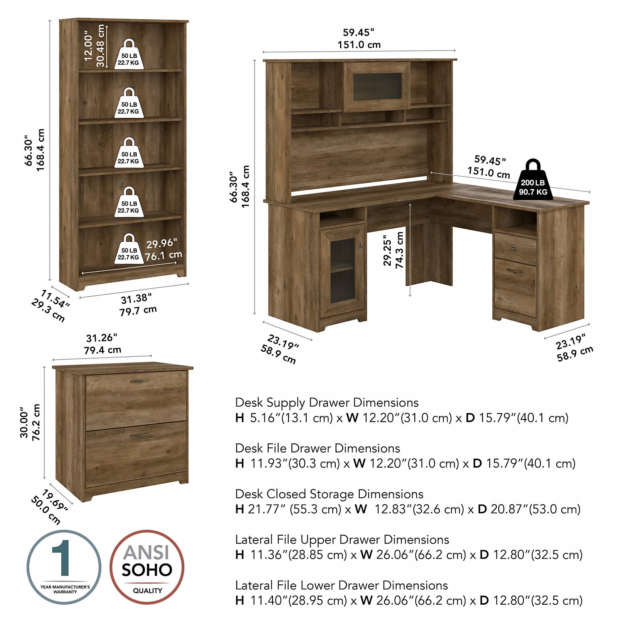 Bush Furniture Cabot 60W L Shaped Computer Desk with Hutch, File Cabinet and Bookcase