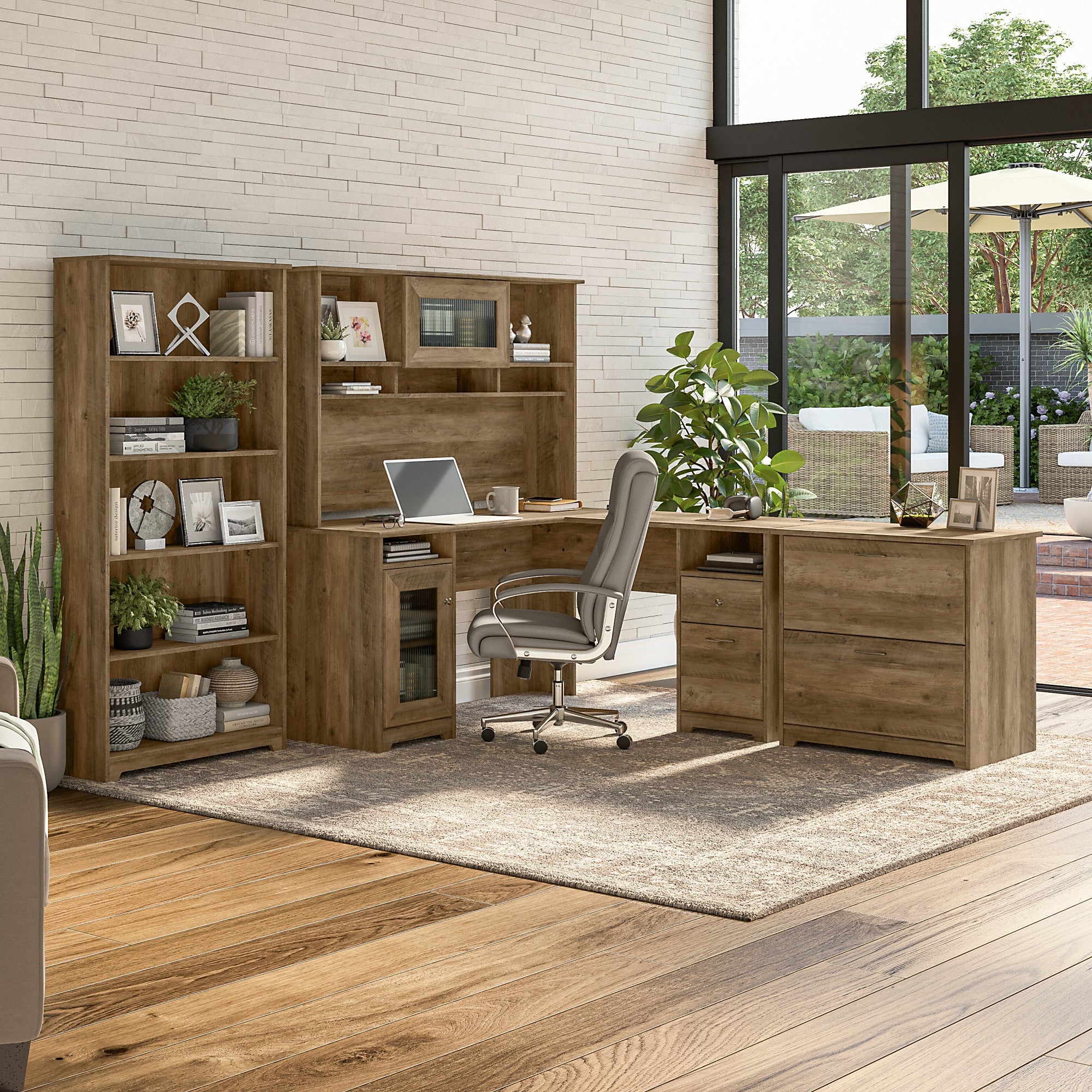 Bush Furniture Cabot 60W L Shaped Computer Desk with Hutch, File Cabinet and Bookcase