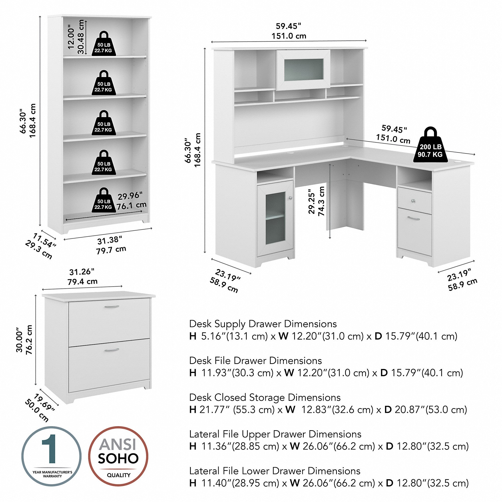 Bush Furniture Cabot 60W L Shaped Computer Desk with Hutch, File Cabinet and Bookcase