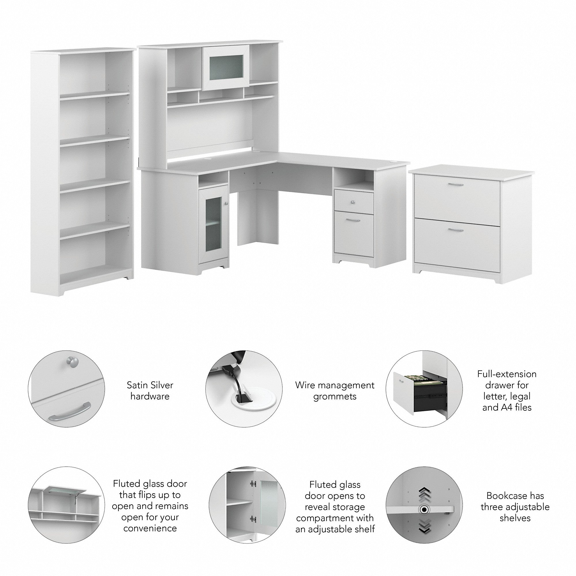 Bush Furniture Cabot 60W L Shaped Computer Desk with Hutch, File Cabinet and Bookcase