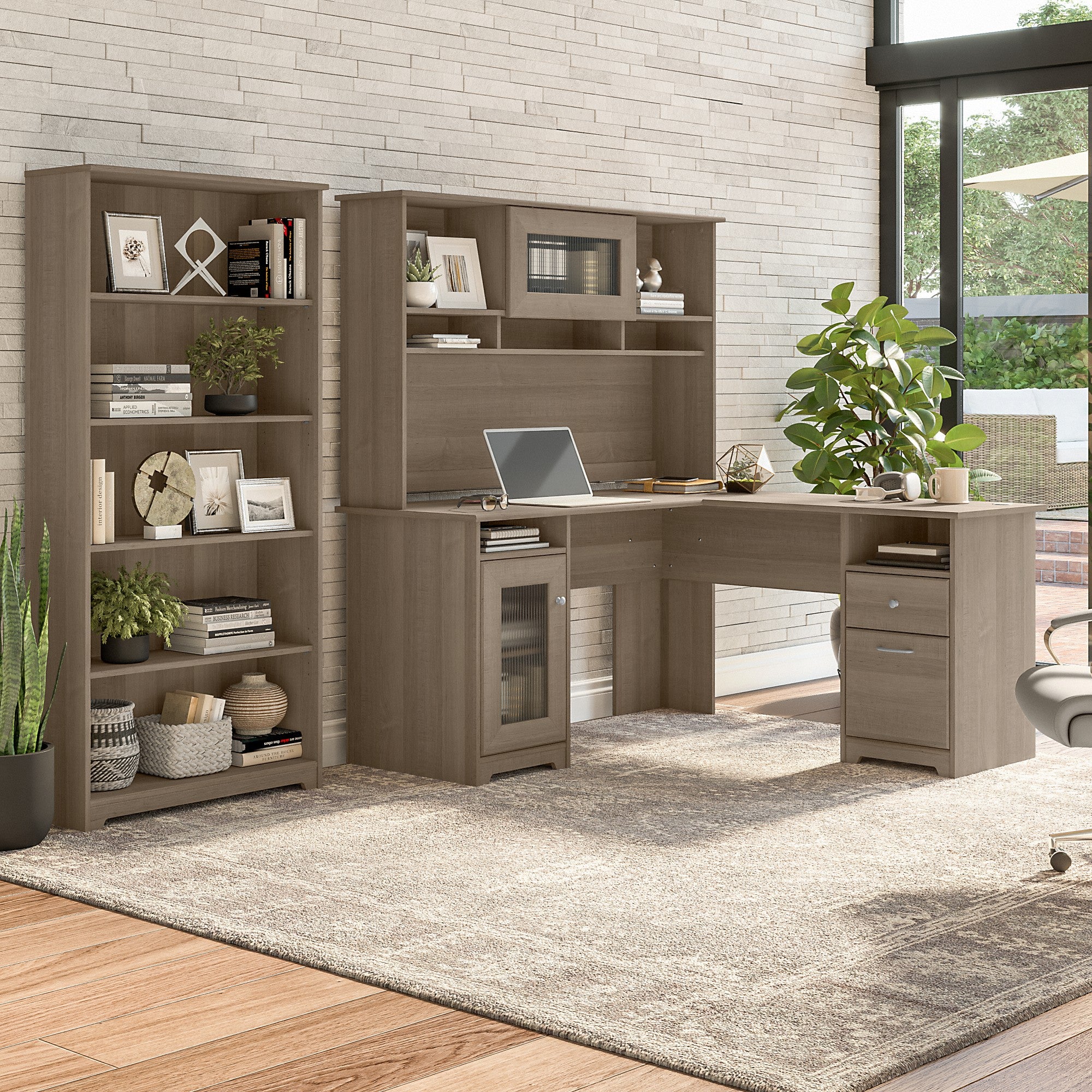 Bush Furniture Cabot 60W L Shaped Computer Desk with Hutch and 5 Shelf Bookcase