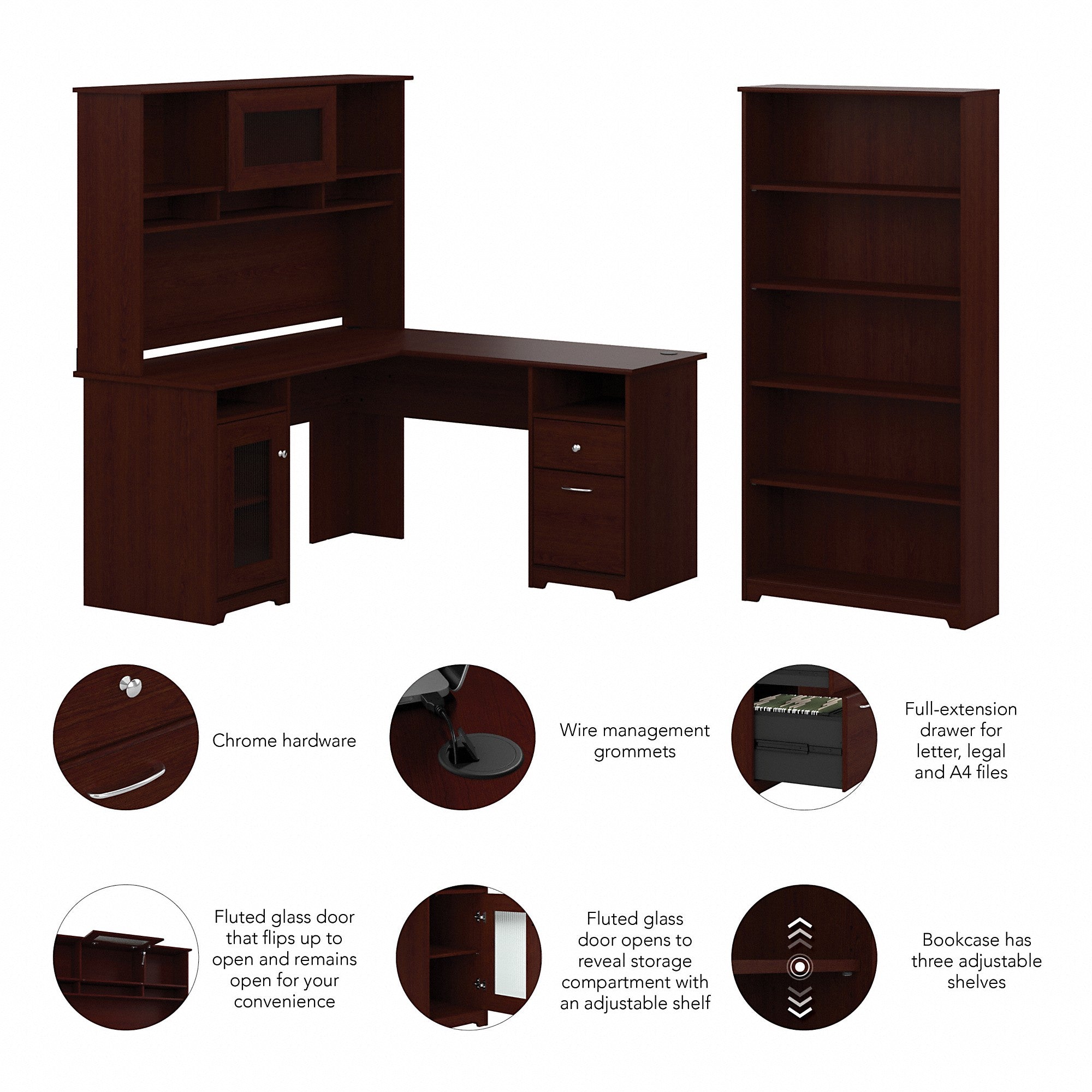 Bush Furniture Cabot 60W L Shaped Computer Desk with Hutch and 5 Shelf Bookcase