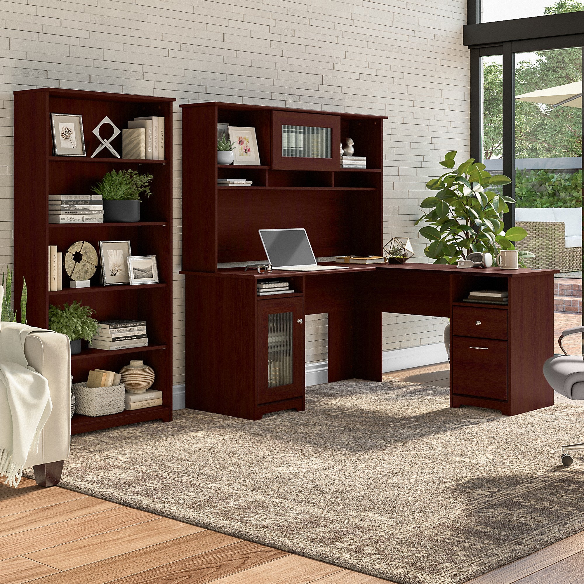 Bush Furniture Cabot 60W L Shaped Computer Desk with Hutch and 5 Shelf Bookcase