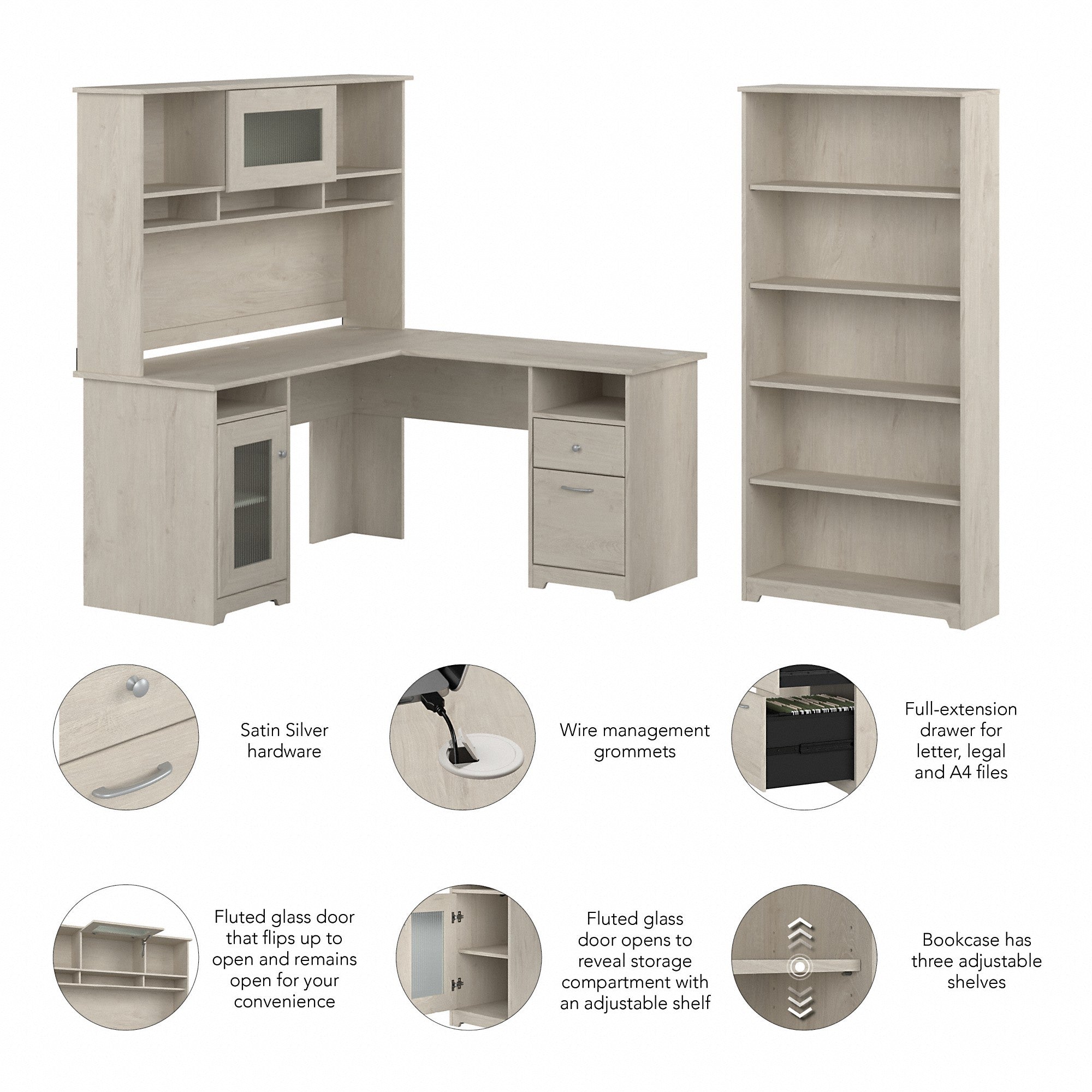 Bush Furniture Cabot 60W L Shaped Computer Desk with Hutch and 5 Shelf Bookcase