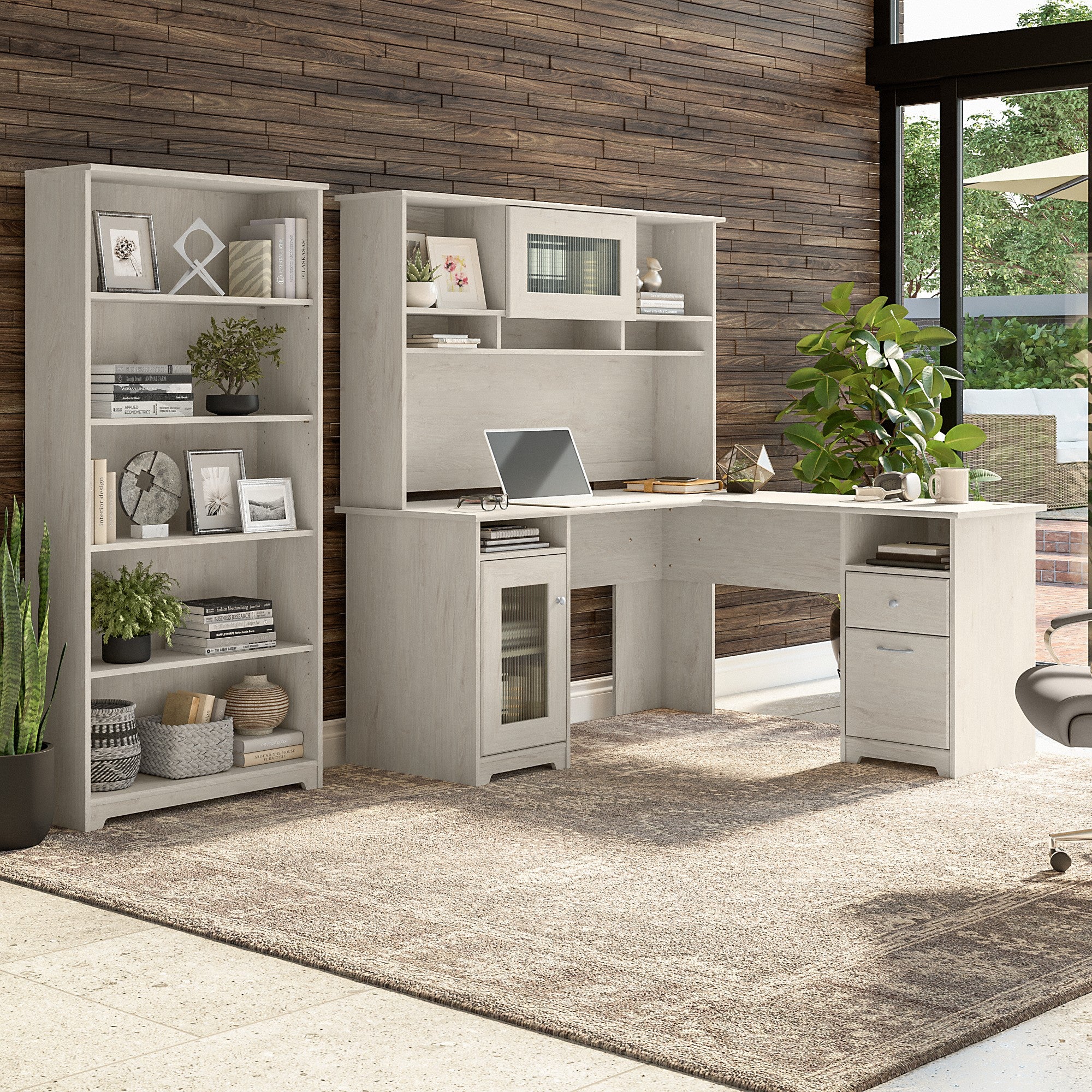 Bush Furniture Cabot 60W L Shaped Computer Desk with Hutch and 5 Shelf Bookcase