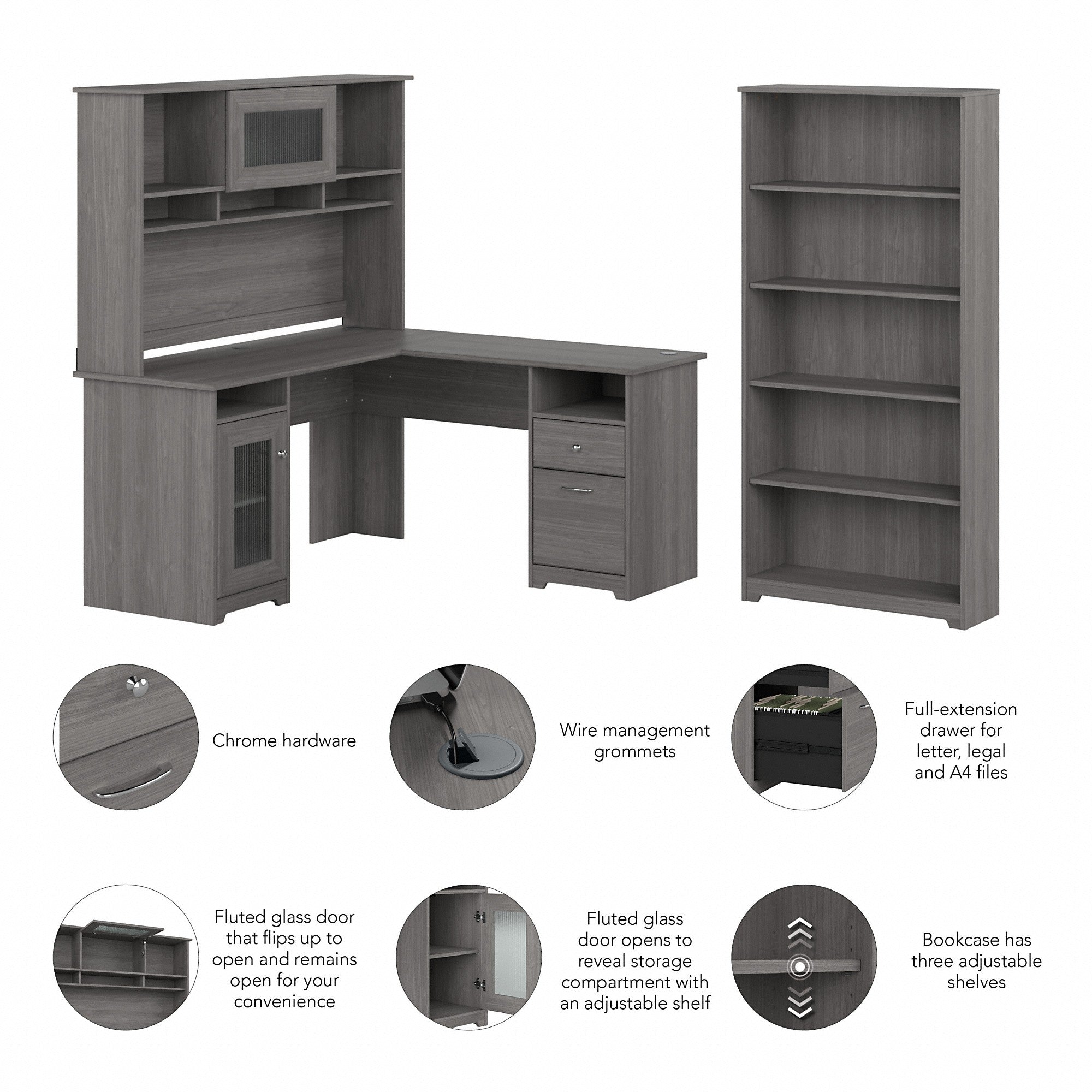 Bush Furniture Cabot 60W L Shaped Computer Desk with Hutch and 5 Shelf Bookcase