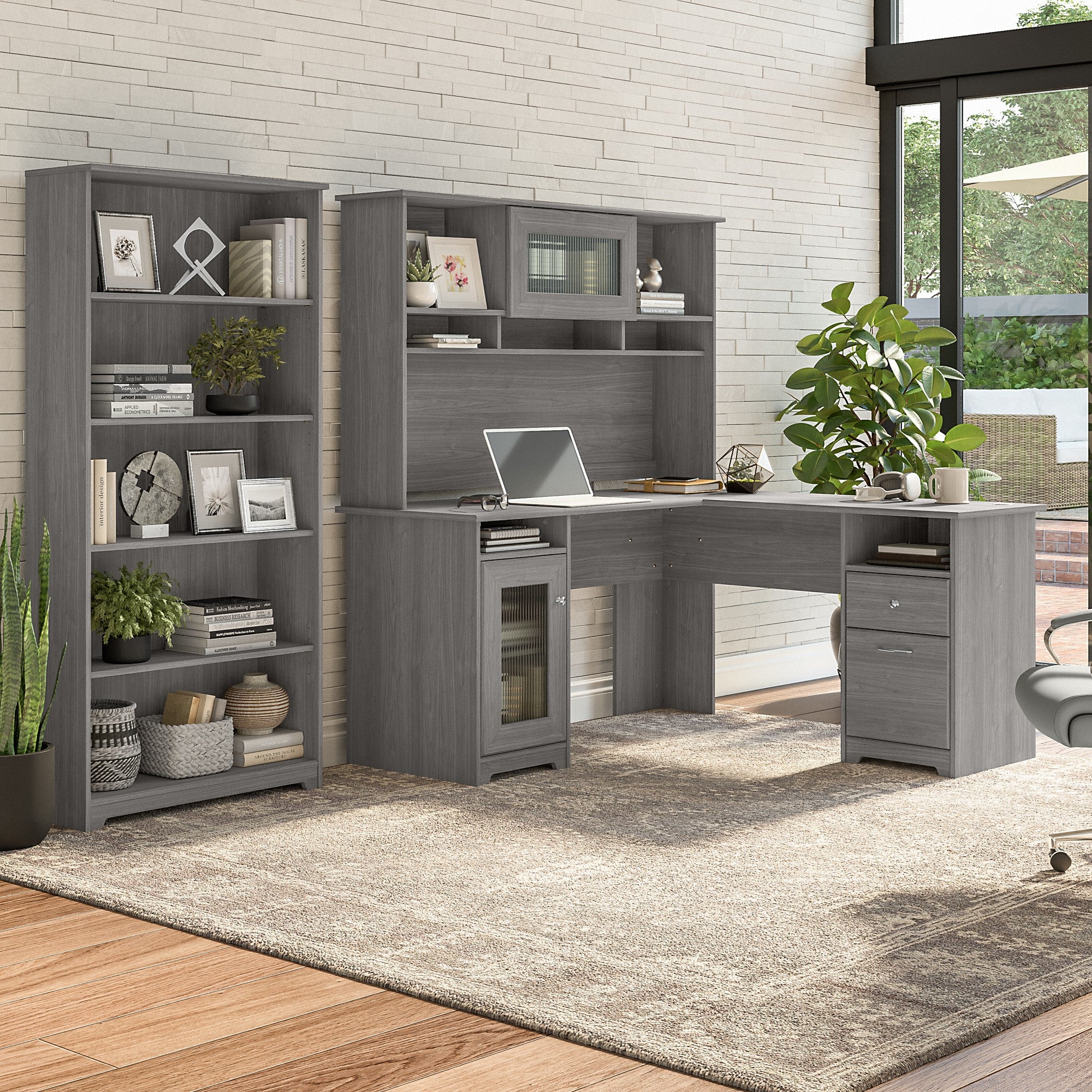 Bush Furniture Cabot 60W L Shaped Computer Desk with Hutch and 5 Shelf Bookcase