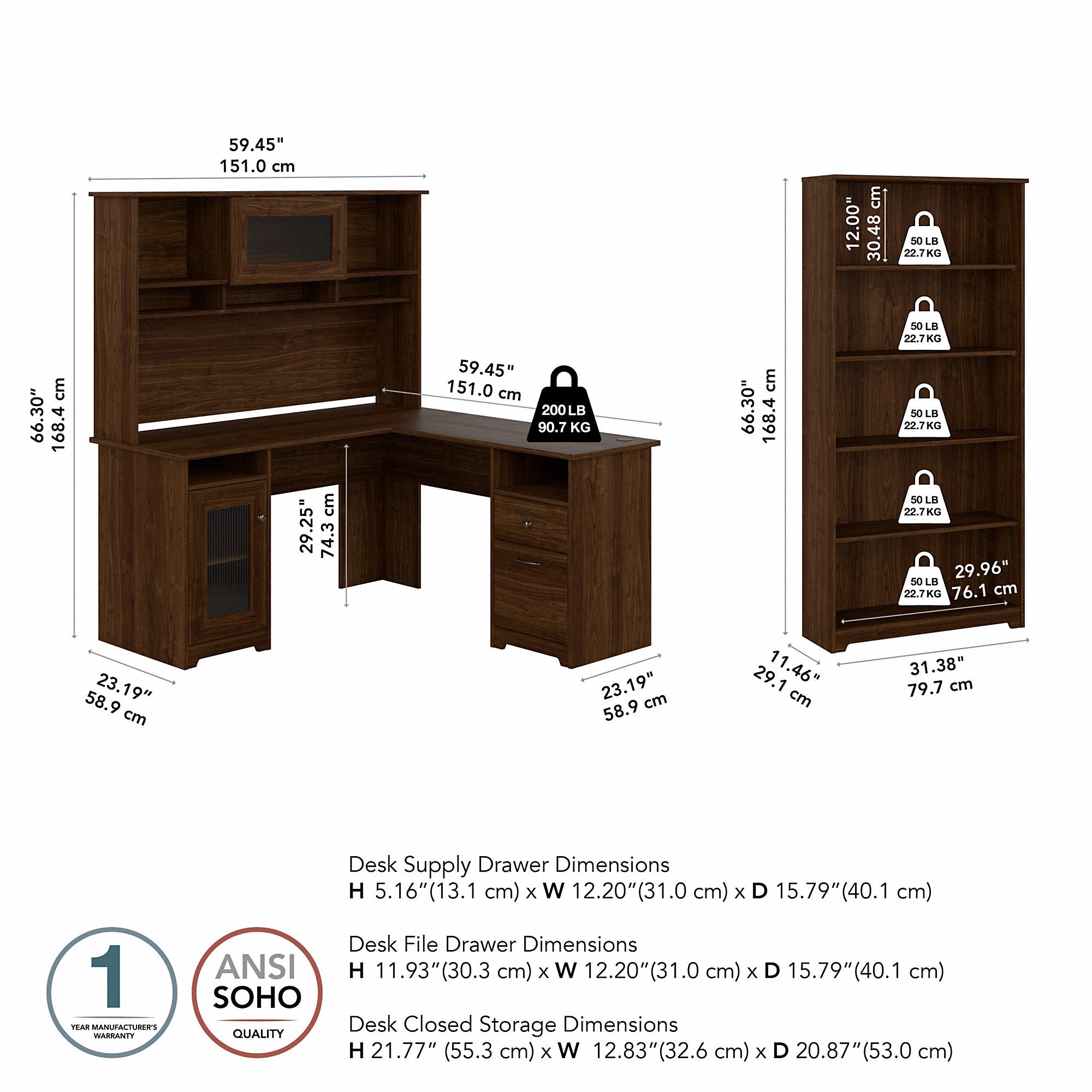 Bush Furniture Cabot 60W L Shaped Computer Desk with Hutch and 5 Shelf Bookcase