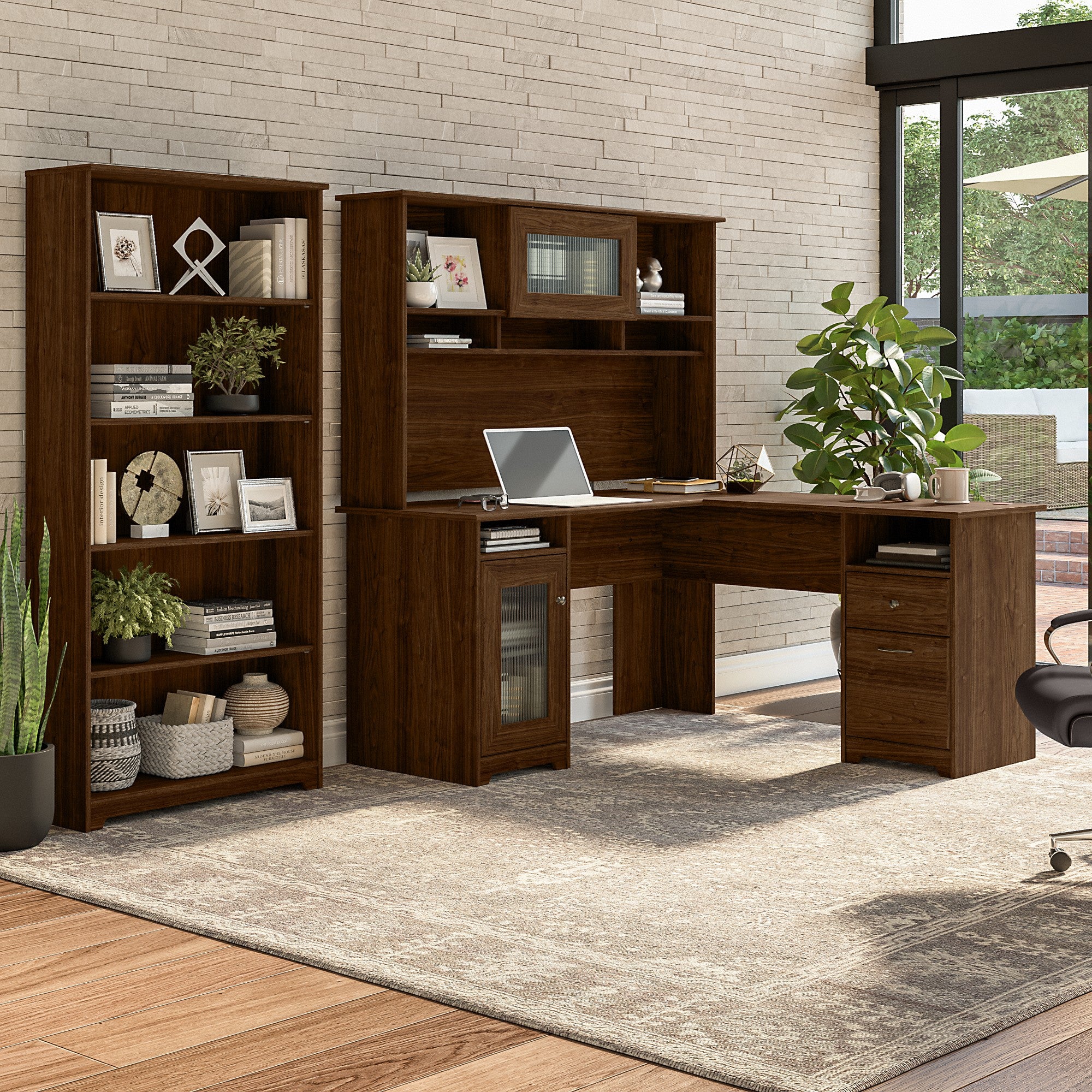 Bush Furniture Cabot 60W L Shaped Computer Desk with Hutch and 5 Shelf Bookcase