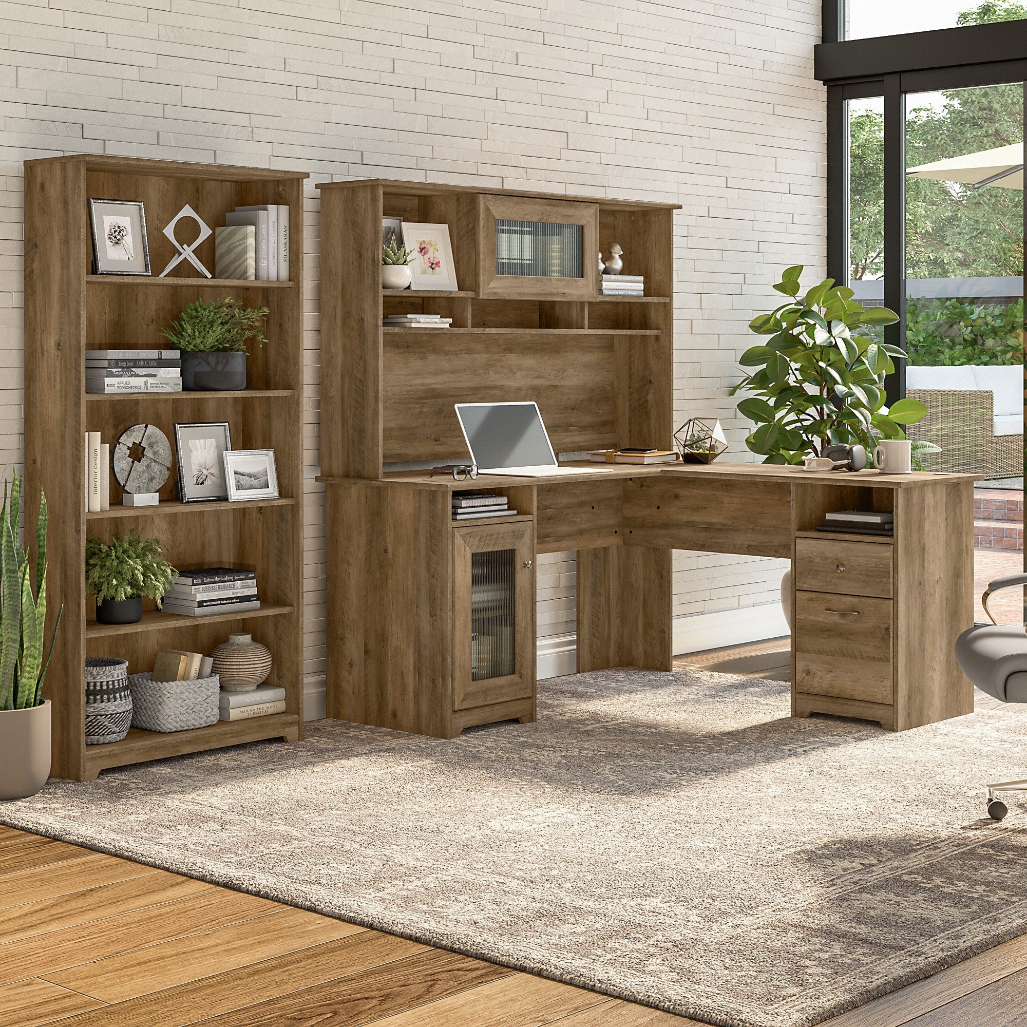 Bush Furniture Cabot 60W L Shaped Computer Desk with Hutch and 5 Shelf Bookcase