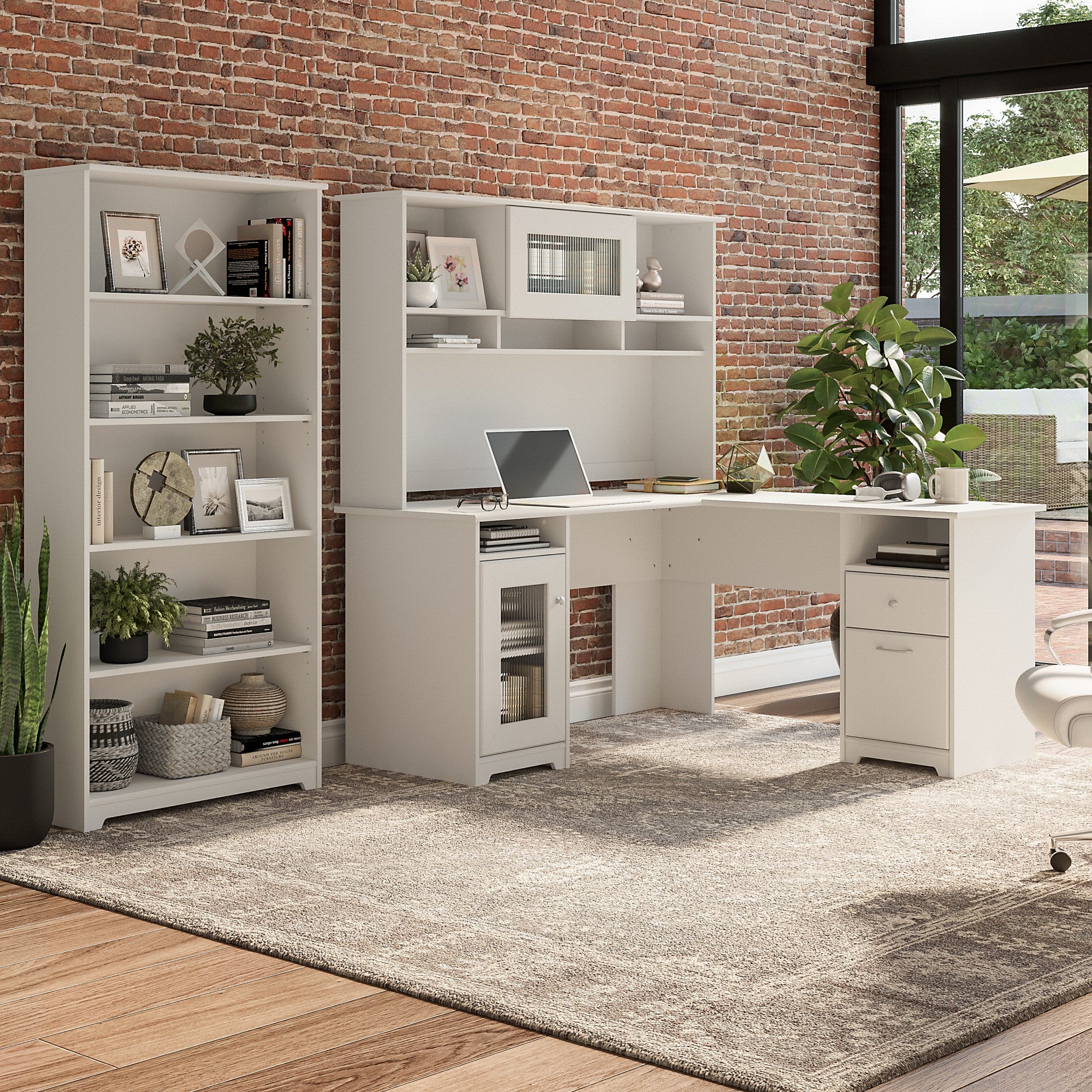 Bush Furniture Cabot 60W L Shaped Computer Desk with Hutch and 5 Shelf Bookcase