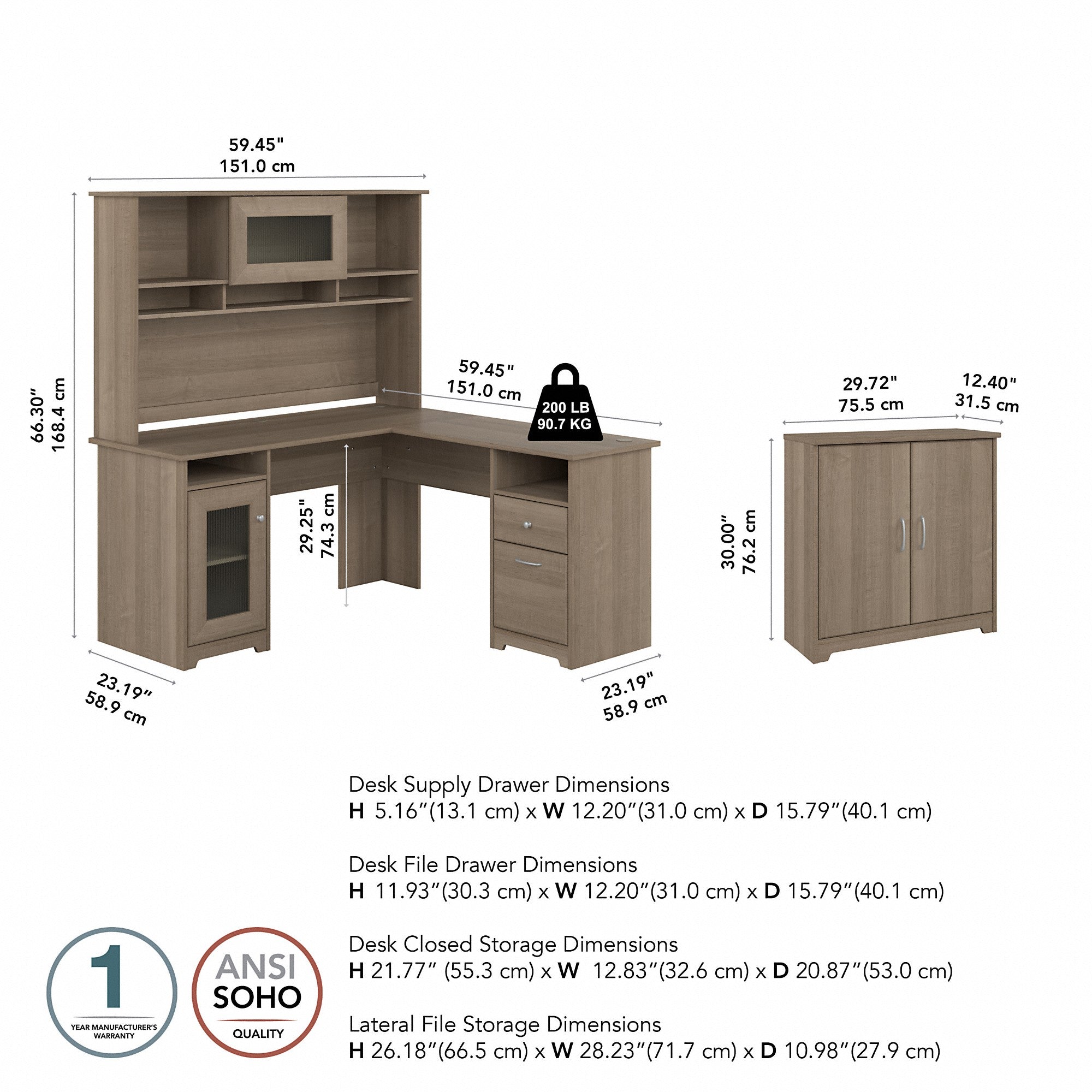 Bush Furniture Cabot 60W L Shaped Computer Desk with Hutch and Small Storage Cabinet