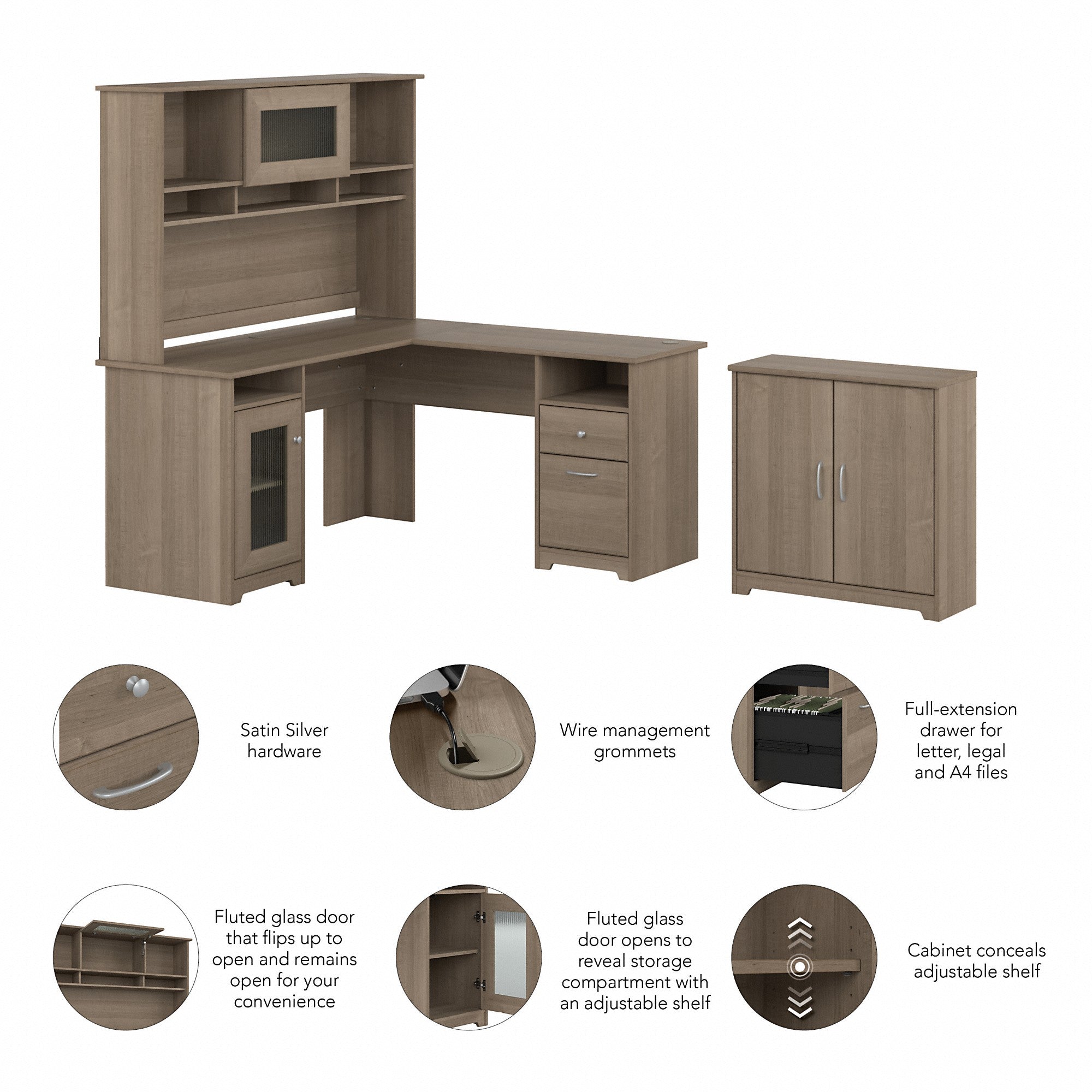 Bush Furniture Cabot 60W L Shaped Computer Desk with Hutch and Small Storage Cabinet