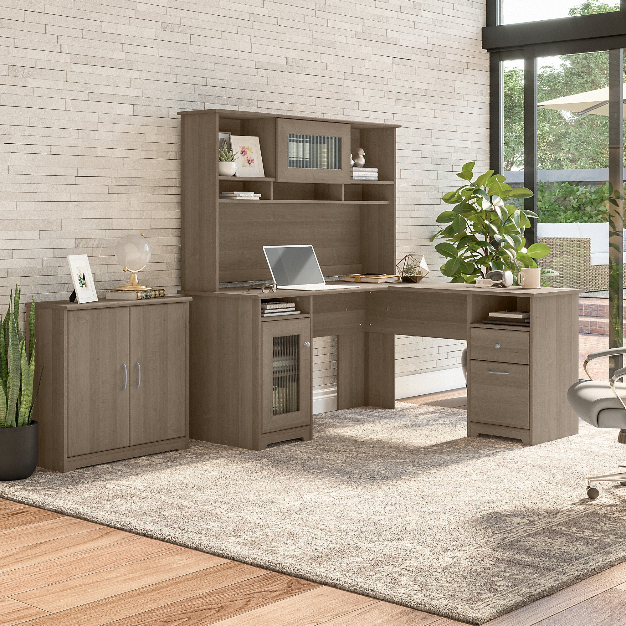 Bush Furniture Cabot 60W L Shaped Computer Desk with Hutch and Small Storage Cabinet