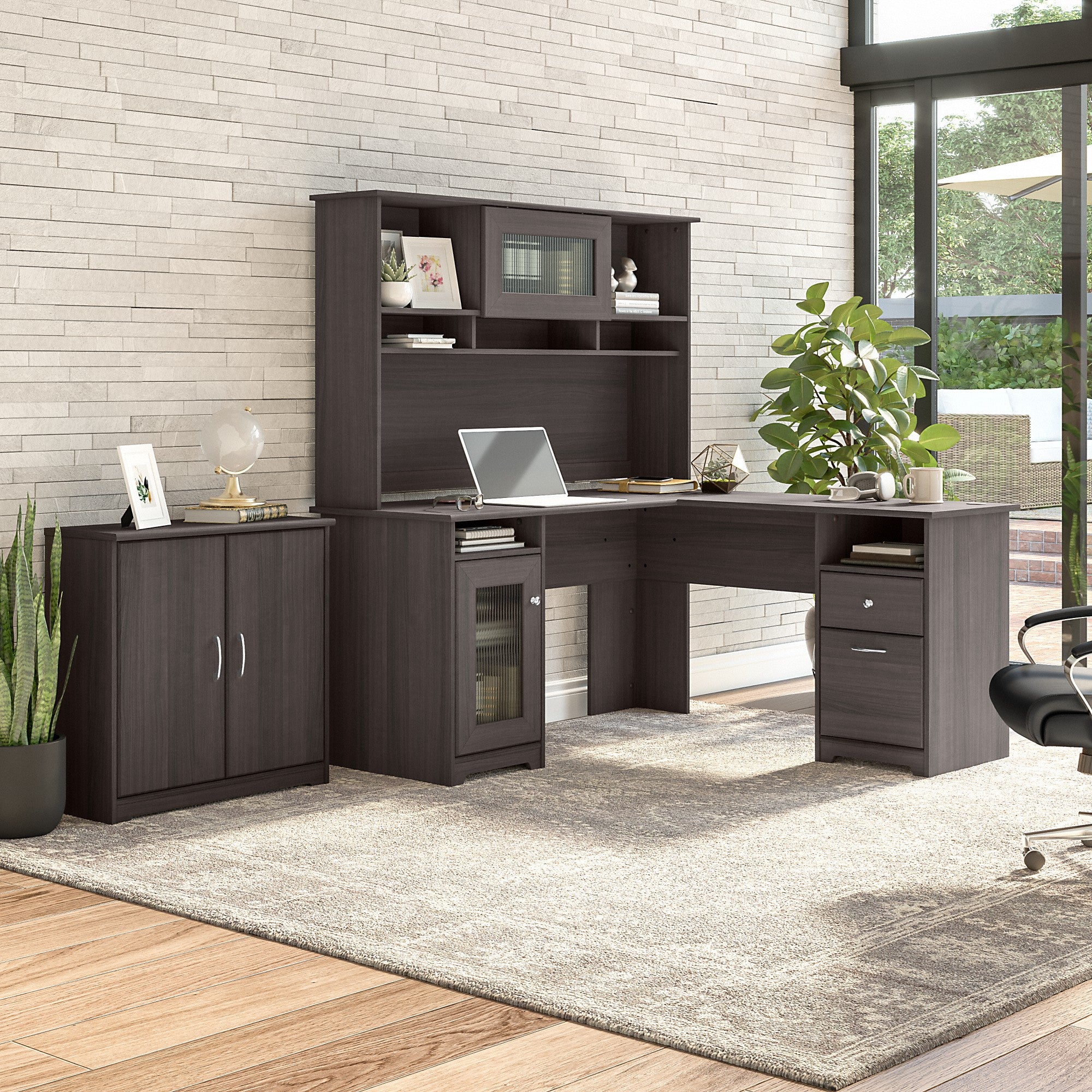 Bush Furniture Cabot 60W L Shaped Computer Desk with Hutch and Small Storage Cabinet