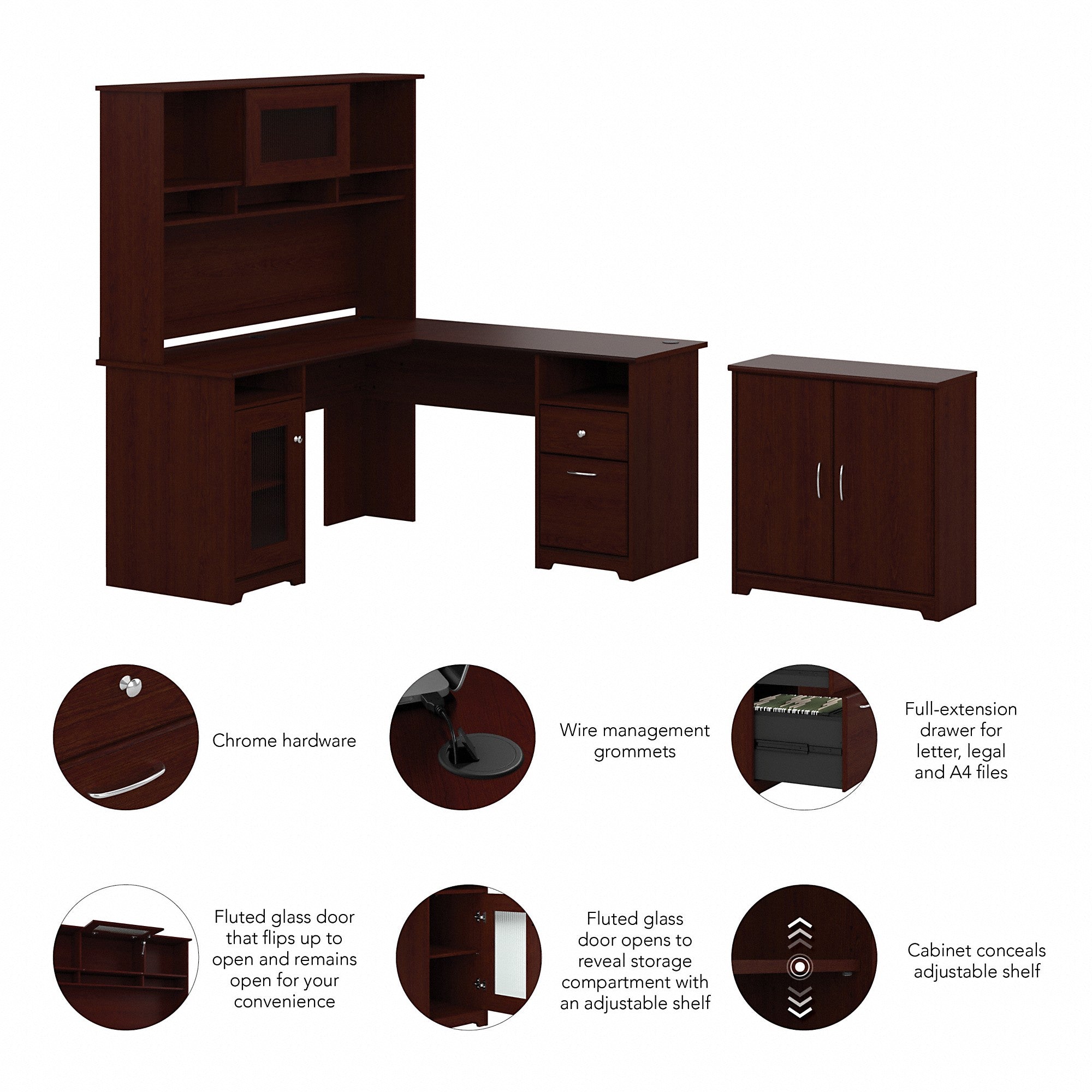 Bush Furniture Cabot 60W L Shaped Computer Desk with Hutch and Small Storage Cabinet