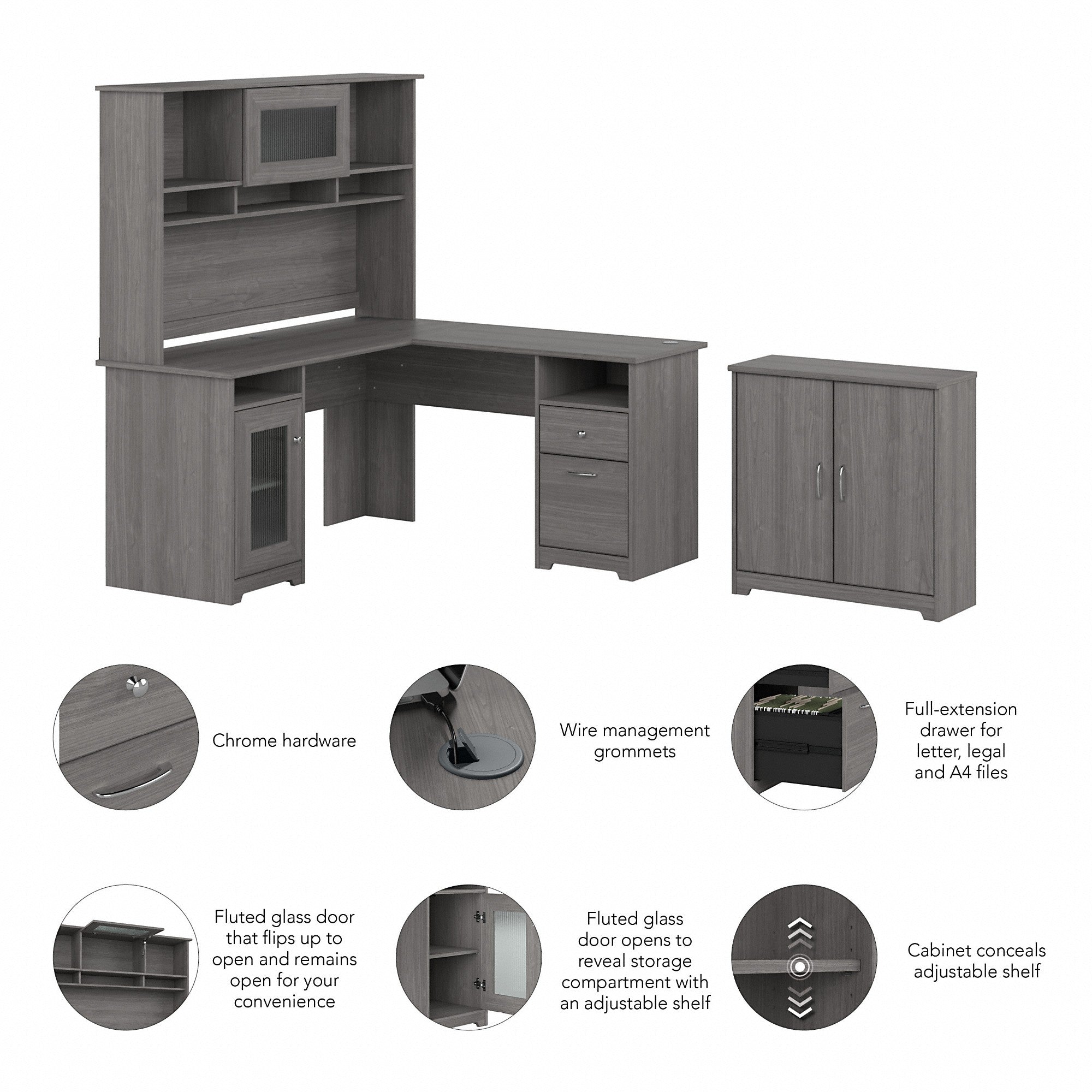 Bush Furniture Cabot 60W L Shaped Computer Desk with Hutch and Small Storage Cabinet