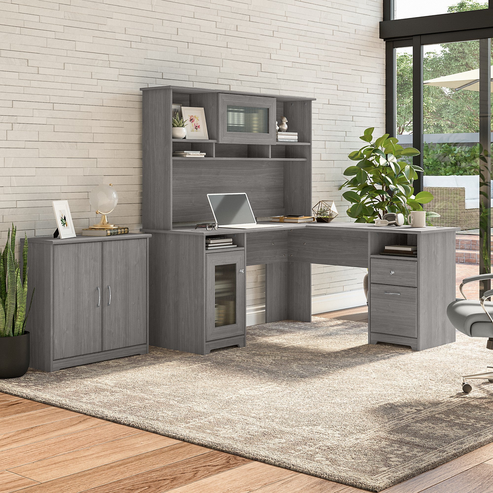 Bush Furniture Cabot 60W L Shaped Computer Desk with Hutch and Small Storage Cabinet