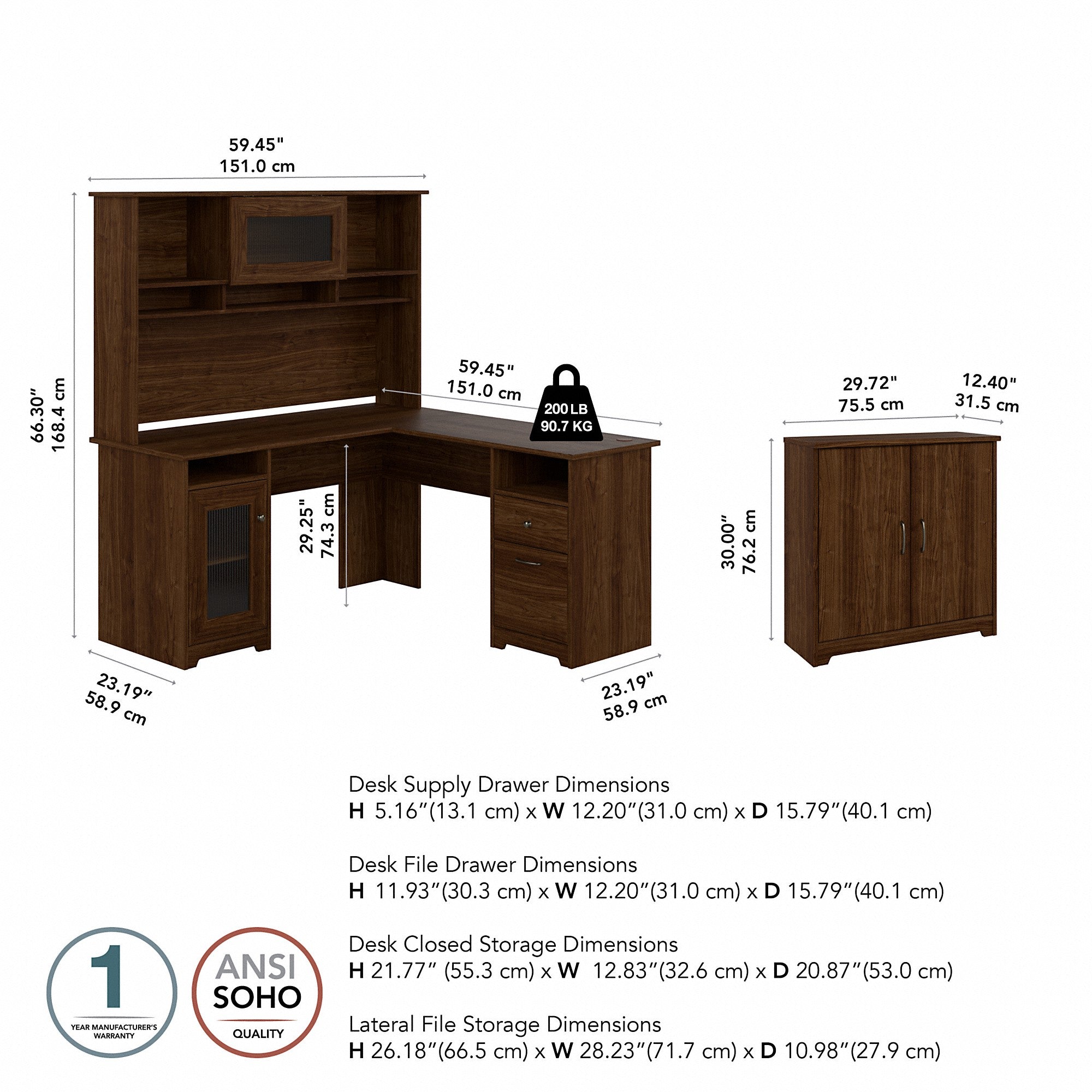 Bush Furniture Cabot 60W L Shaped Computer Desk with Hutch and Small Storage Cabinet