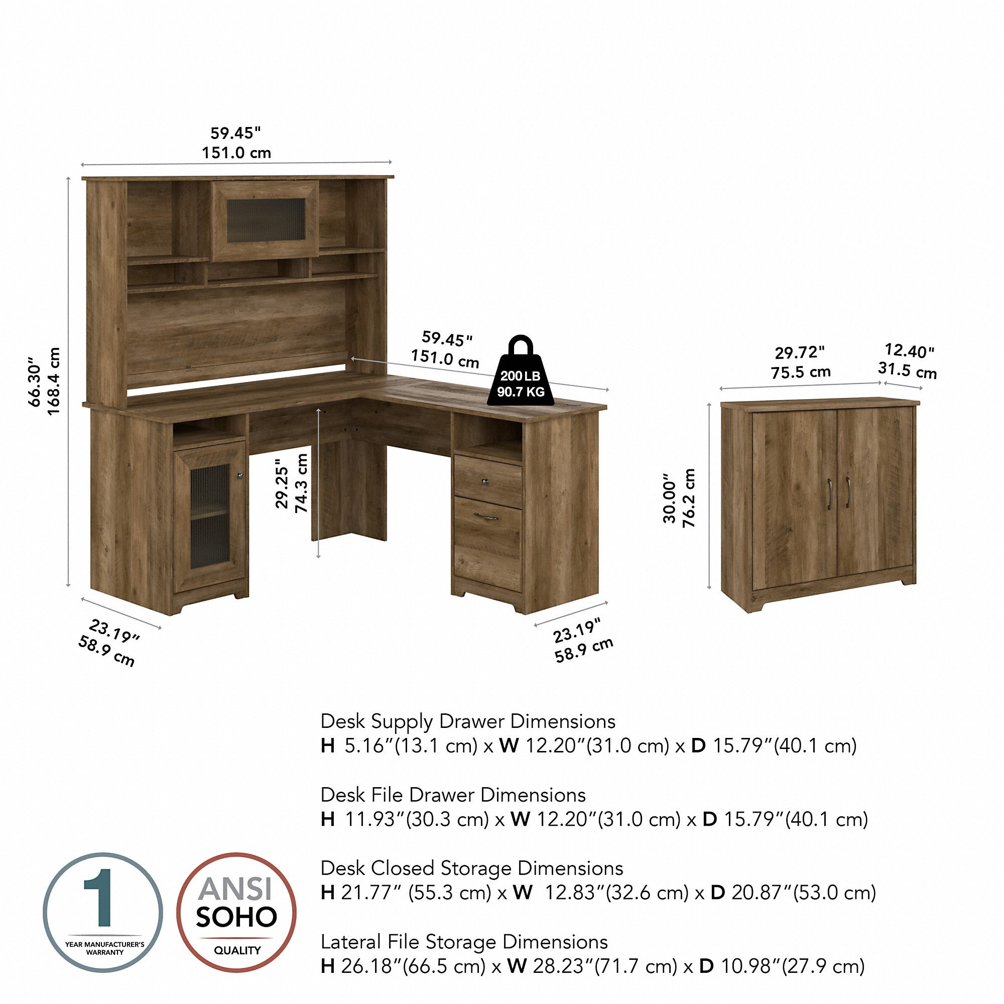 Bush Furniture Cabot 60W L Shaped Computer Desk with Hutch and Small Storage Cabinet