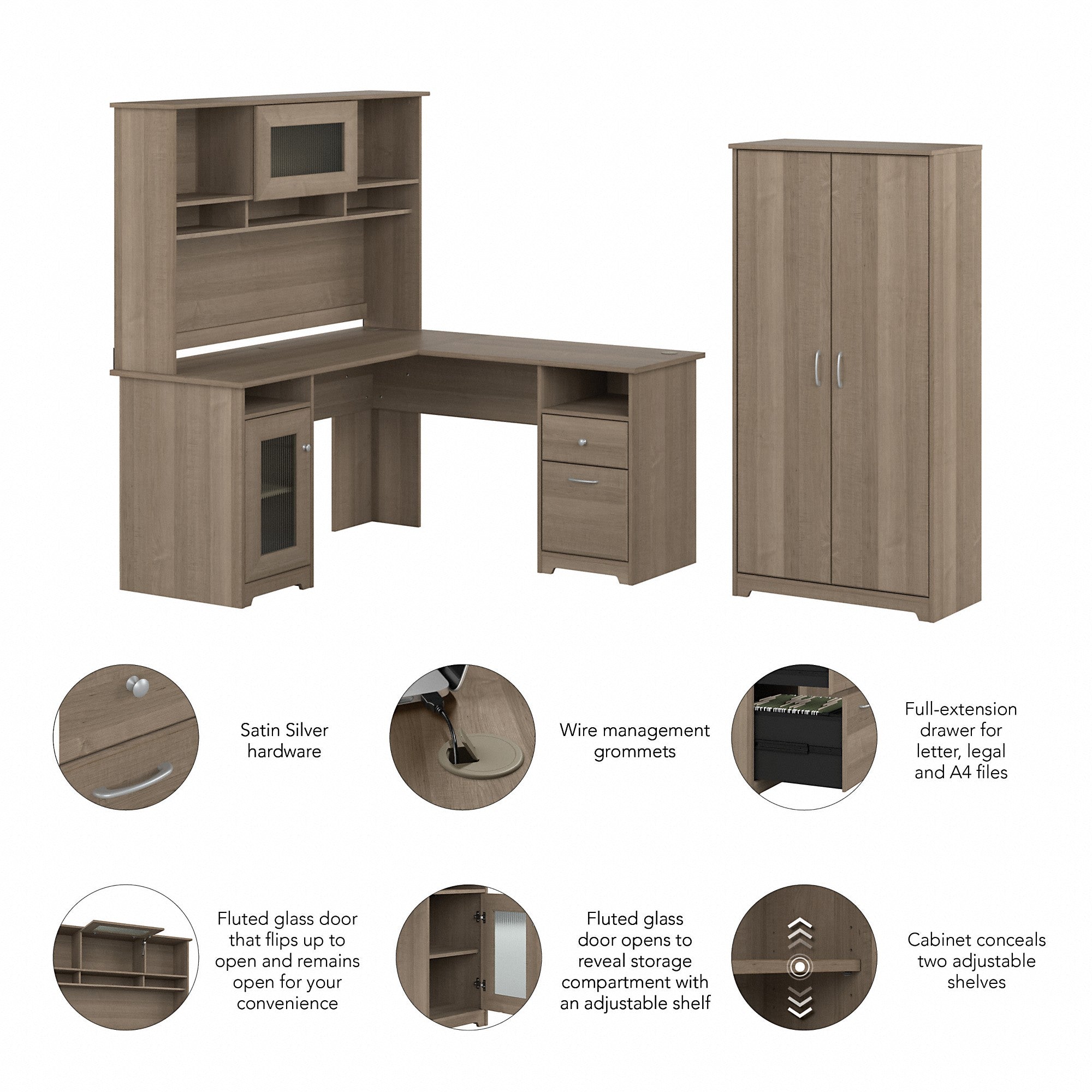 Bush Furniture Cabot 60W L Shaped Computer Desk with Hutch and Tall Storage Cabinet