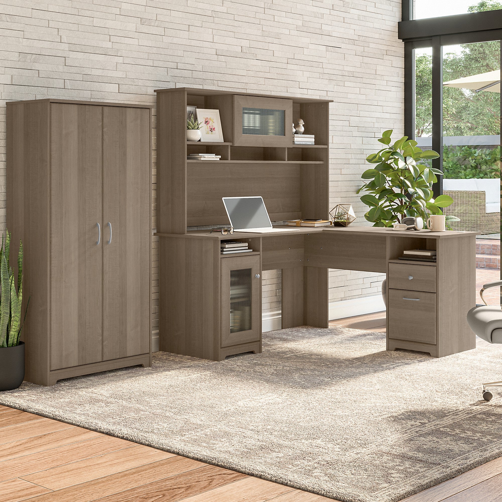 Bush Furniture Cabot 60W L Shaped Computer Desk with Hutch and Tall Storage Cabinet