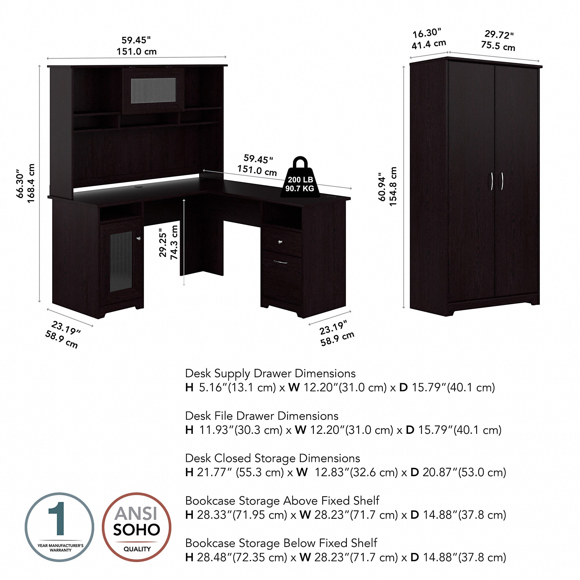 Bush Furniture Cabot L Shaped Desk with Hutch and Tall Storage Cabinet with Doors