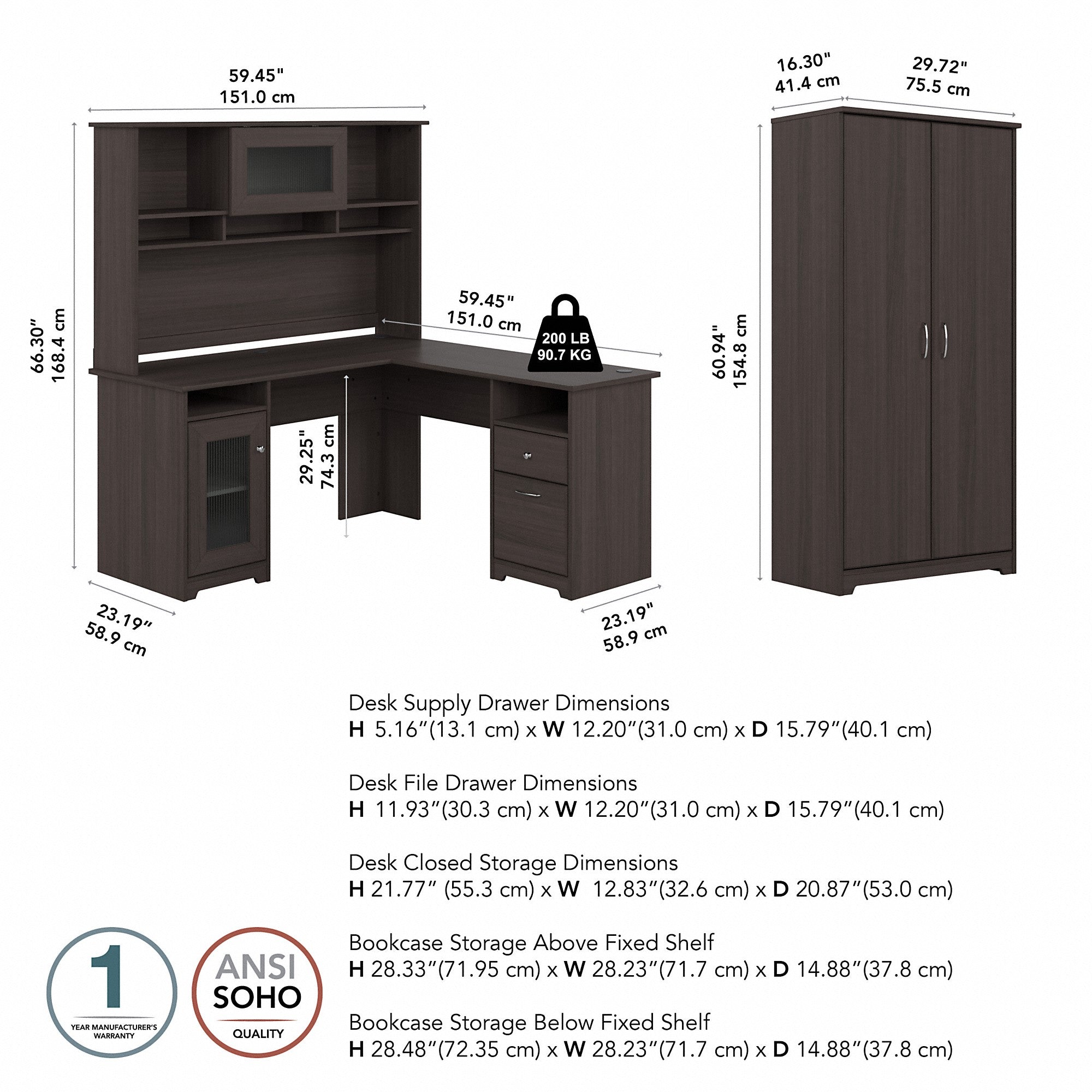 Bush Furniture Cabot 60W L Shaped Computer Desk with Hutch and Tall Storage Cabinet