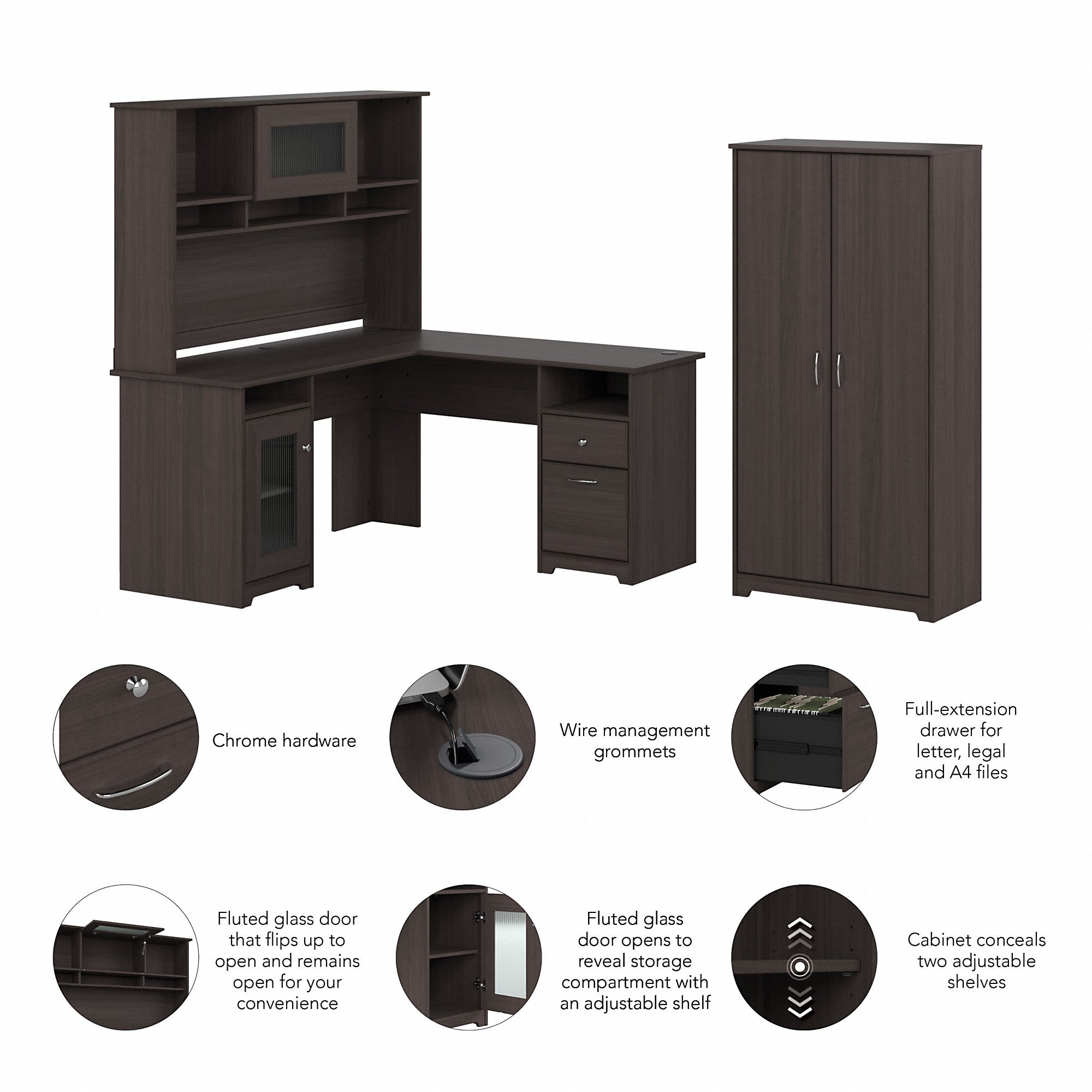 Bush Furniture Cabot 60W L Shaped Computer Desk with Hutch and Tall Storage Cabinet