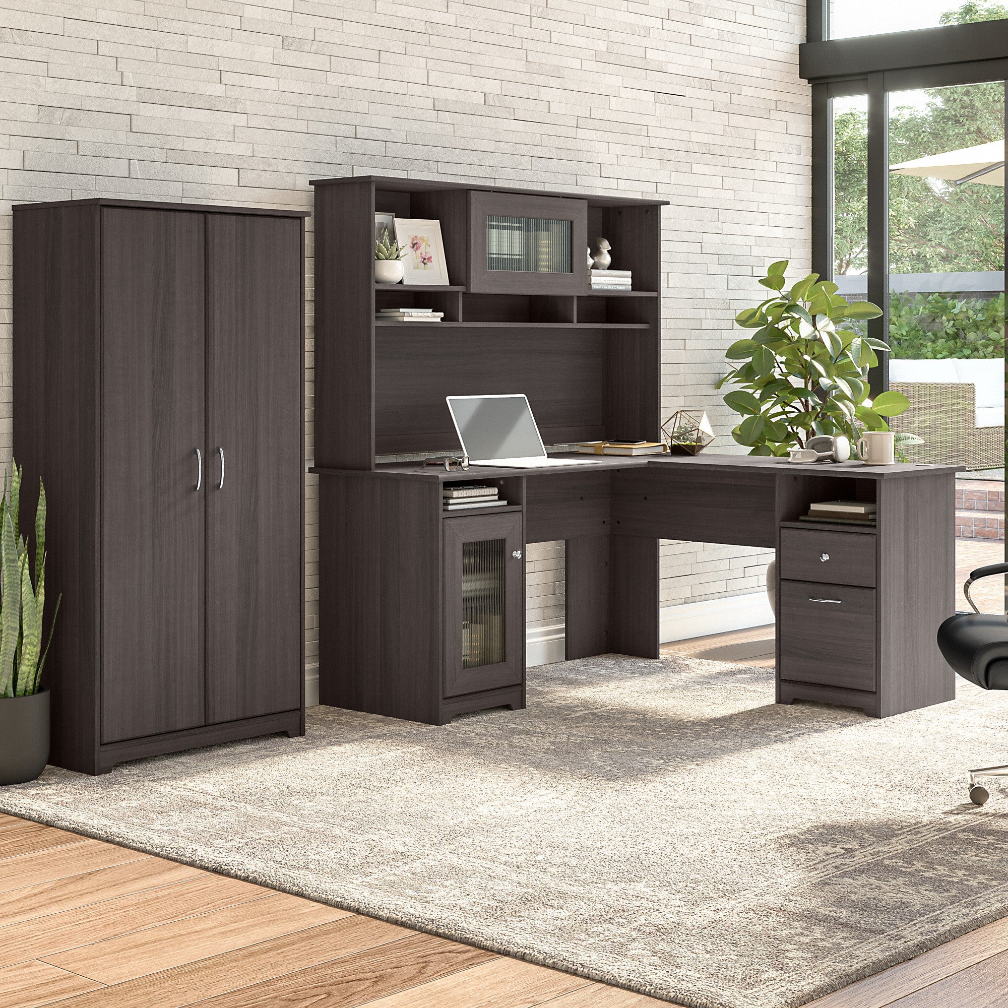 Bush Furniture Cabot 60W L Shaped Computer Desk with Hutch and Tall Storage Cabinet