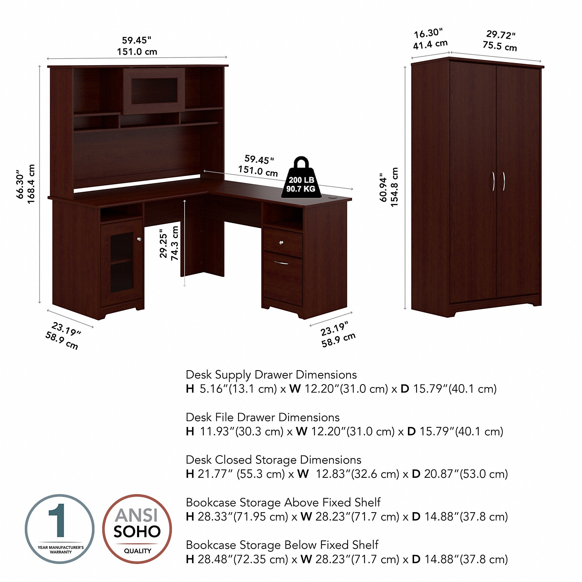 Bush Furniture Cabot 60W L Shaped Computer Desk with Hutch and Tall Storage Cabinet