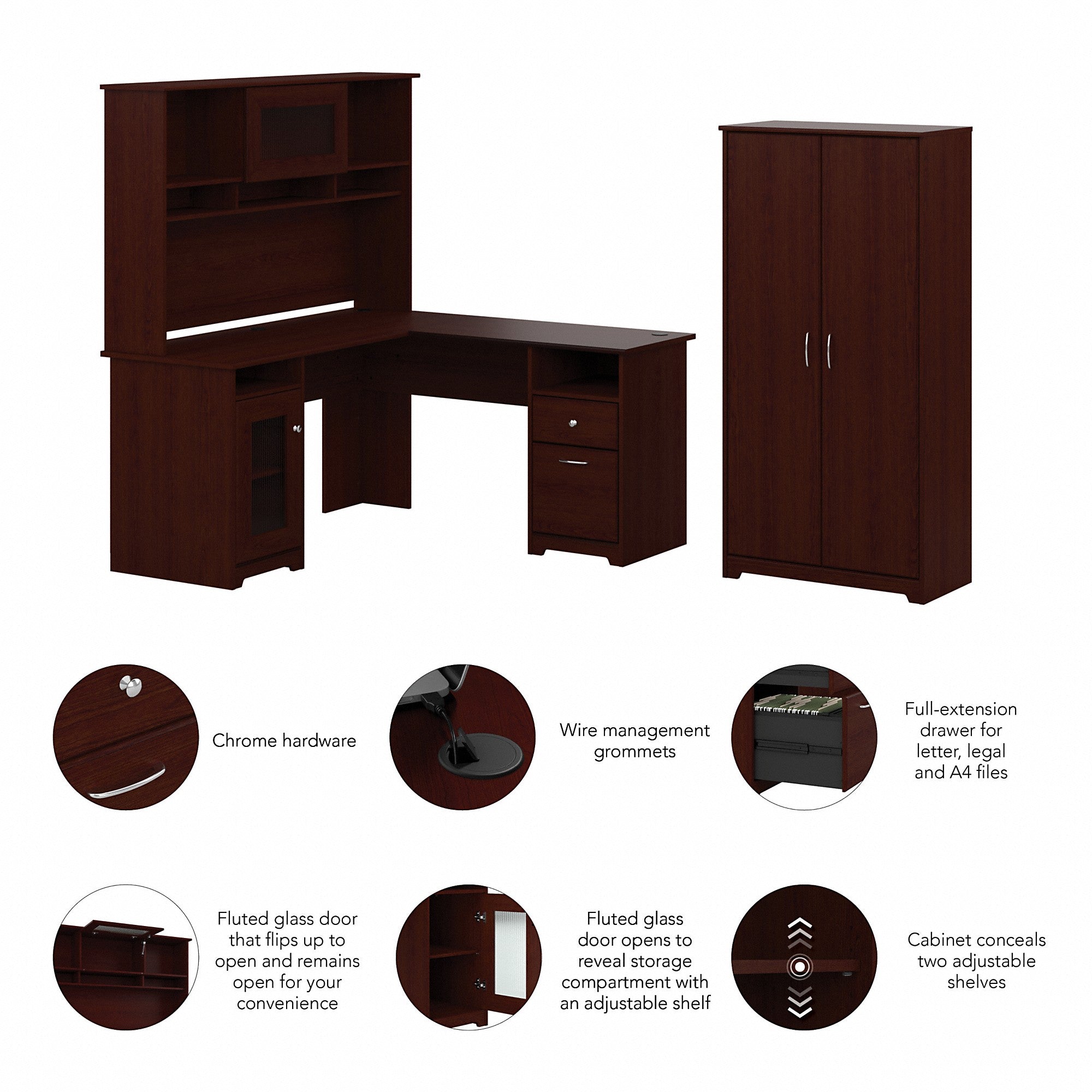 Bush Furniture Cabot 60W L Shaped Computer Desk with Hutch and Tall Storage Cabinet