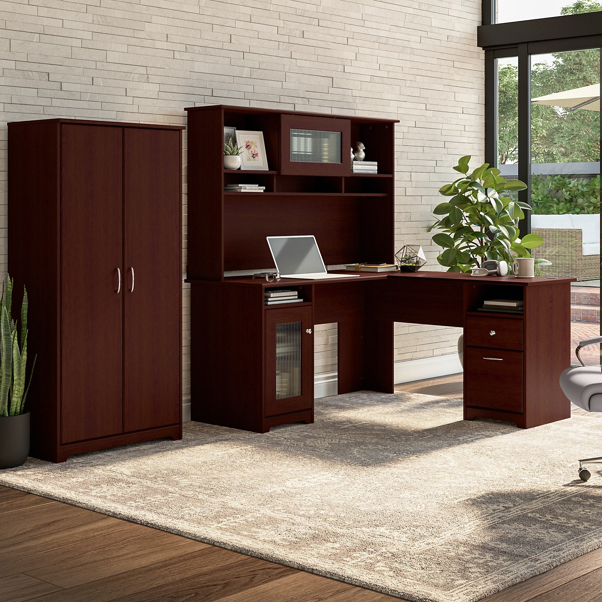 Bush Furniture Cabot 60W L Shaped Computer Desk with Hutch and Tall Storage Cabinet