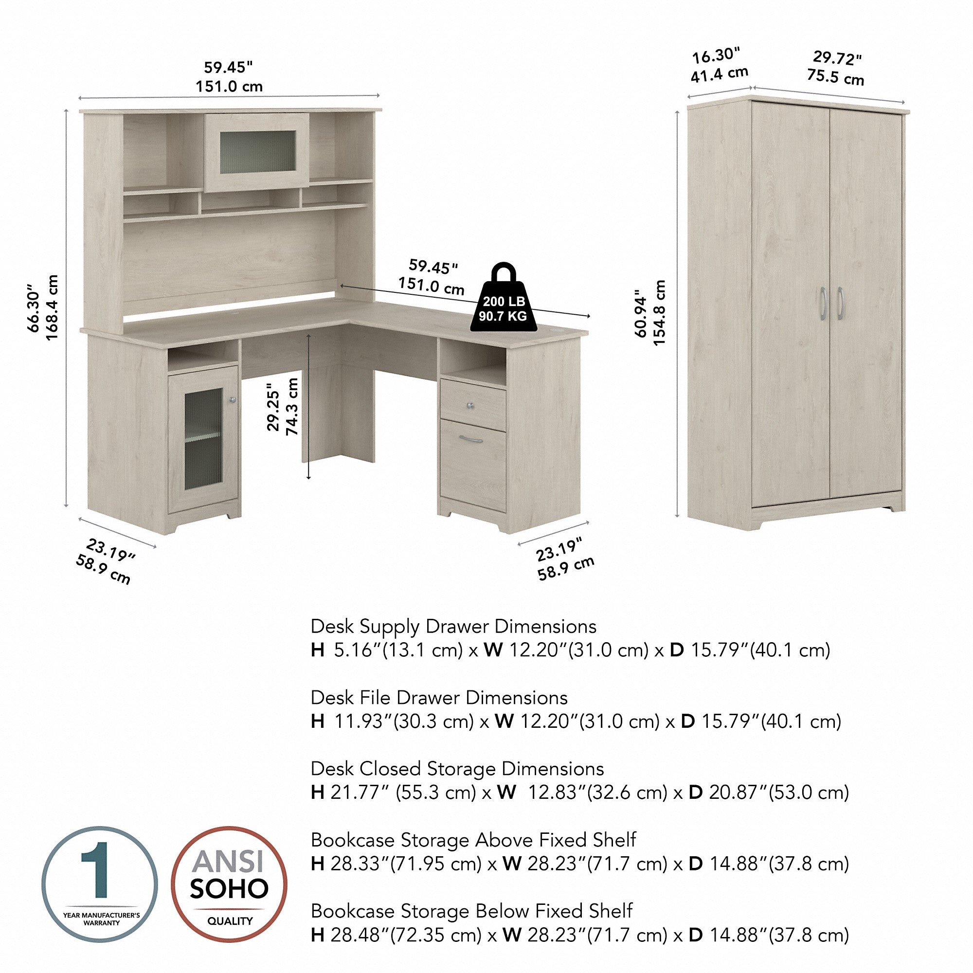 Bush Furniture Cabot 60W L Shaped Computer Desk with Hutch and Tall Storage Cabinet