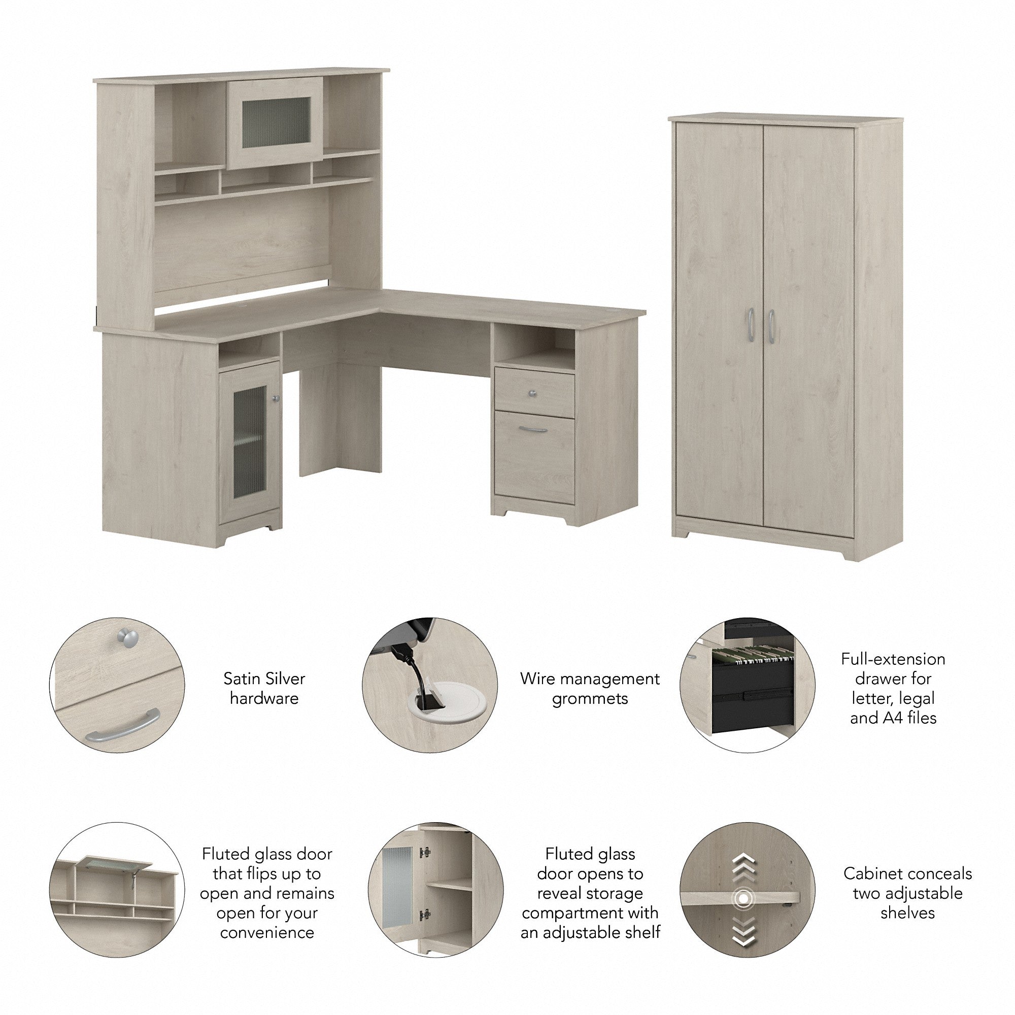 Bush Furniture Cabot 60W L Shaped Computer Desk with Hutch and Tall Storage Cabinet