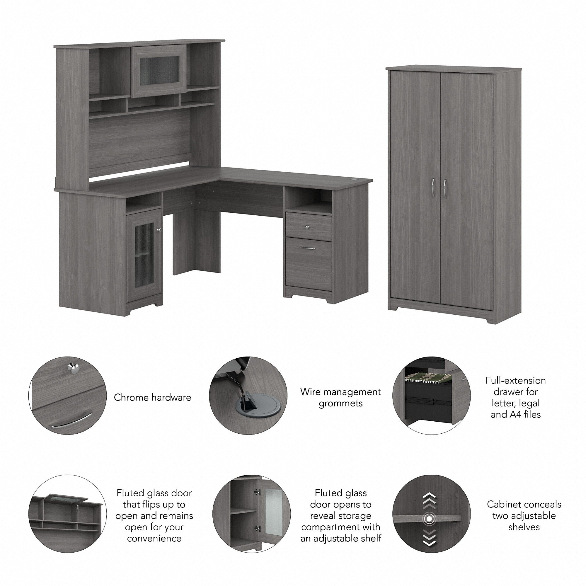 Bush Furniture Cabot 60W L Shaped Computer Desk with Hutch and Tall Storage Cabinet