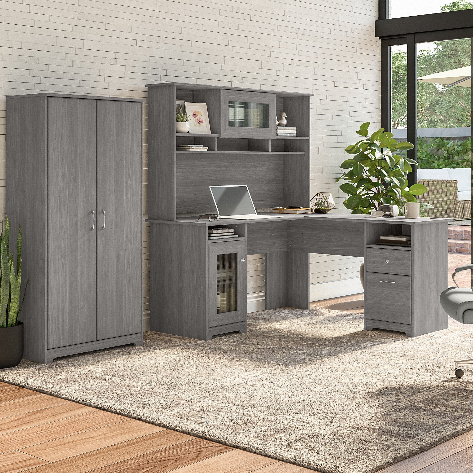 Bush Furniture Cabot 60W L Shaped Computer Desk with Hutch and Tall Storage Cabinet