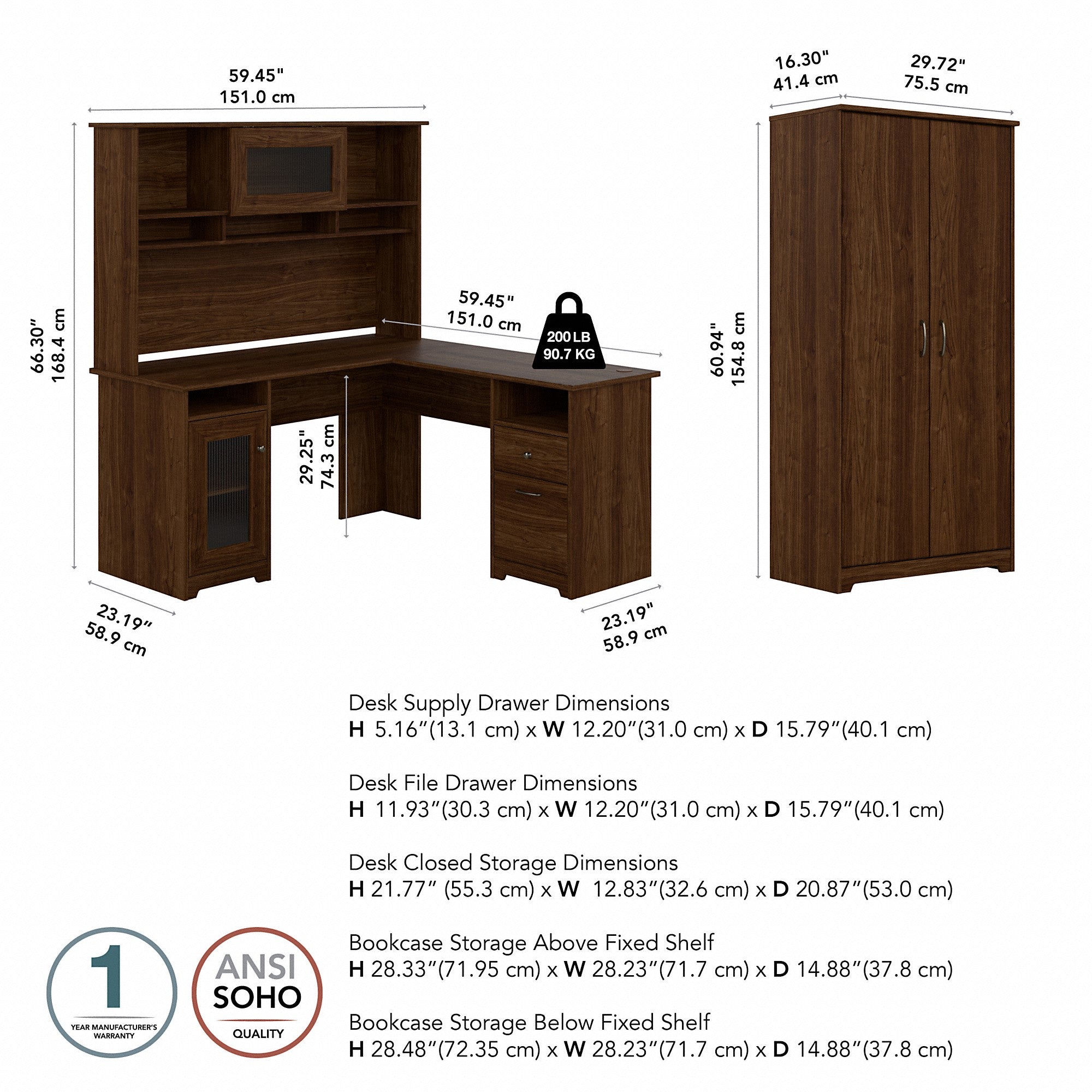 Bush Furniture Cabot 60W L Shaped Computer Desk with Hutch and Tall Storage Cabinet