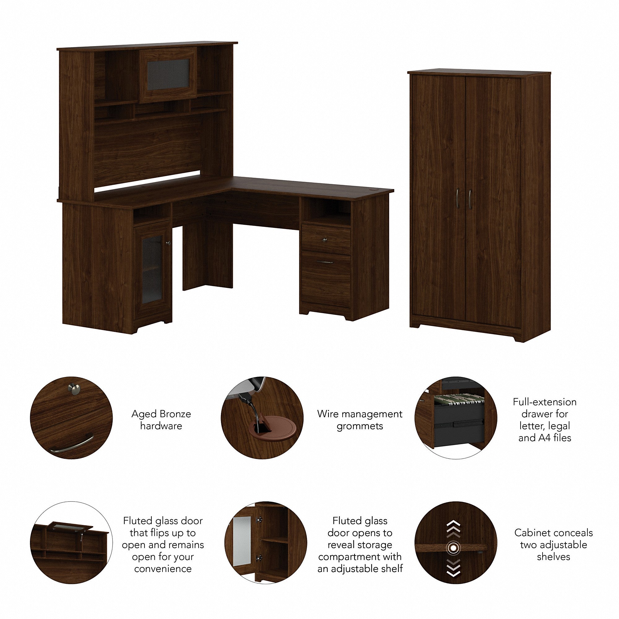 Bush Furniture Cabot 60W L Shaped Computer Desk with Hutch and Tall Storage Cabinet