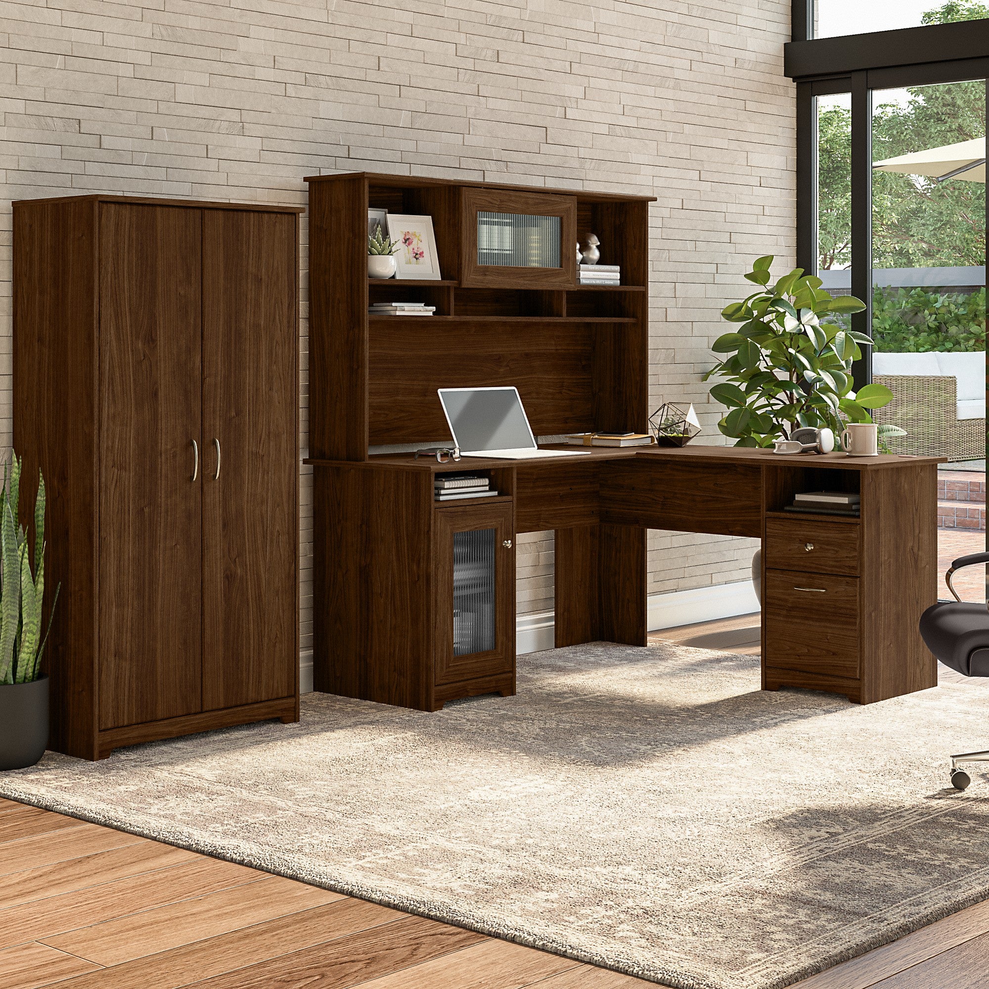 Bush Furniture Cabot 60W L Shaped Computer Desk with Hutch and Tall Storage Cabinet