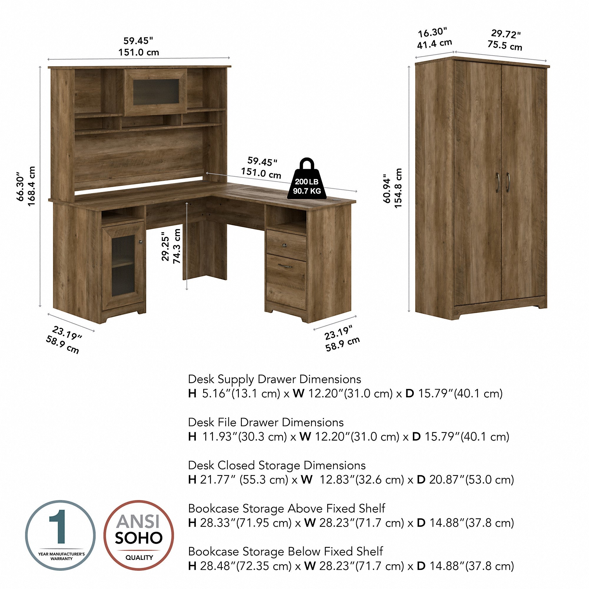 Bush Furniture Cabot 60W L Shaped Computer Desk with Hutch and Tall Storage Cabinet