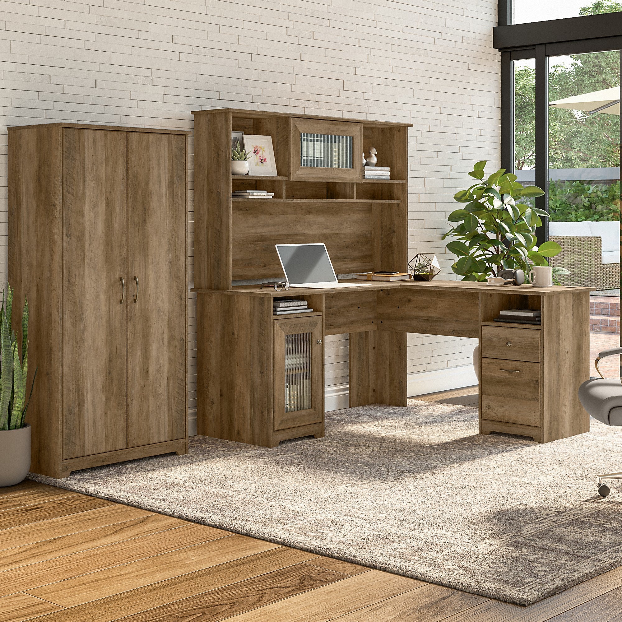 Bush Furniture Cabot 60W L Shaped Computer Desk with Hutch and Tall Storage Cabinet