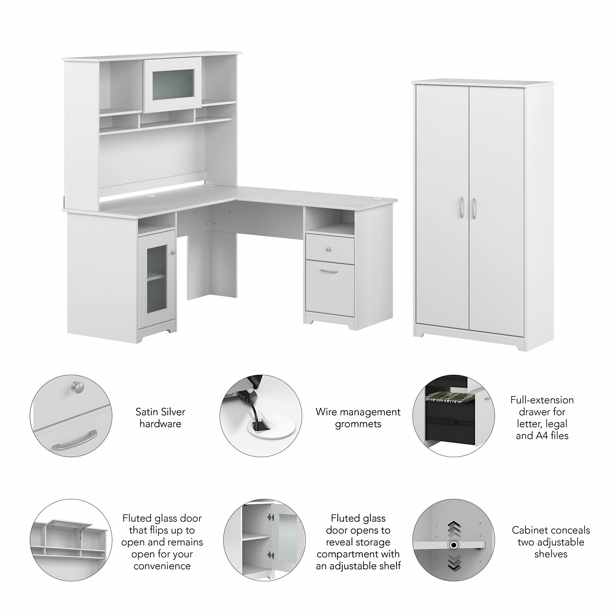 Bush Furniture Cabot 60W L Shaped Computer Desk with Hutch and Tall Storage Cabinet