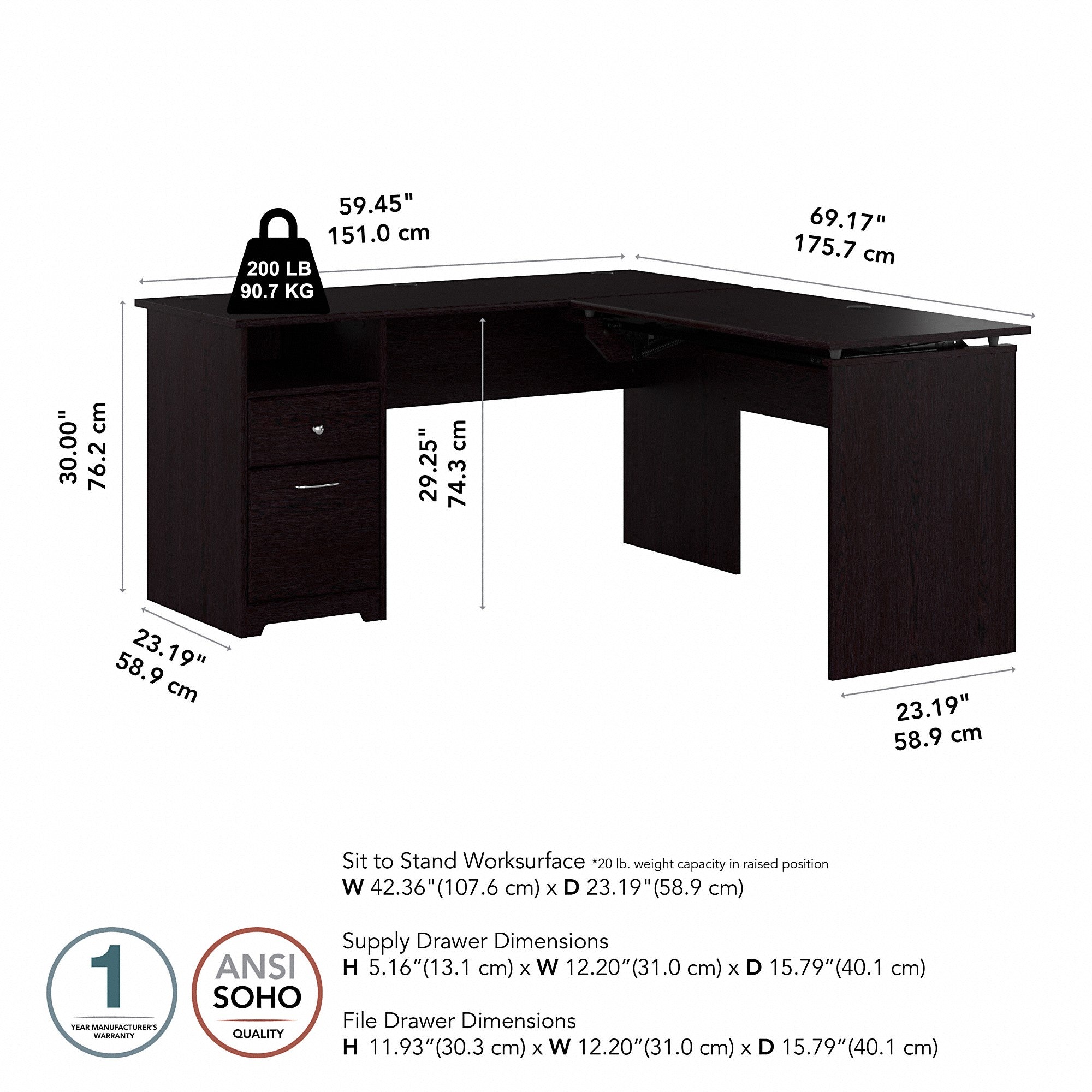 Bush Furniture Cabot 60W 3 Position L Shaped Sit to Stand Desk