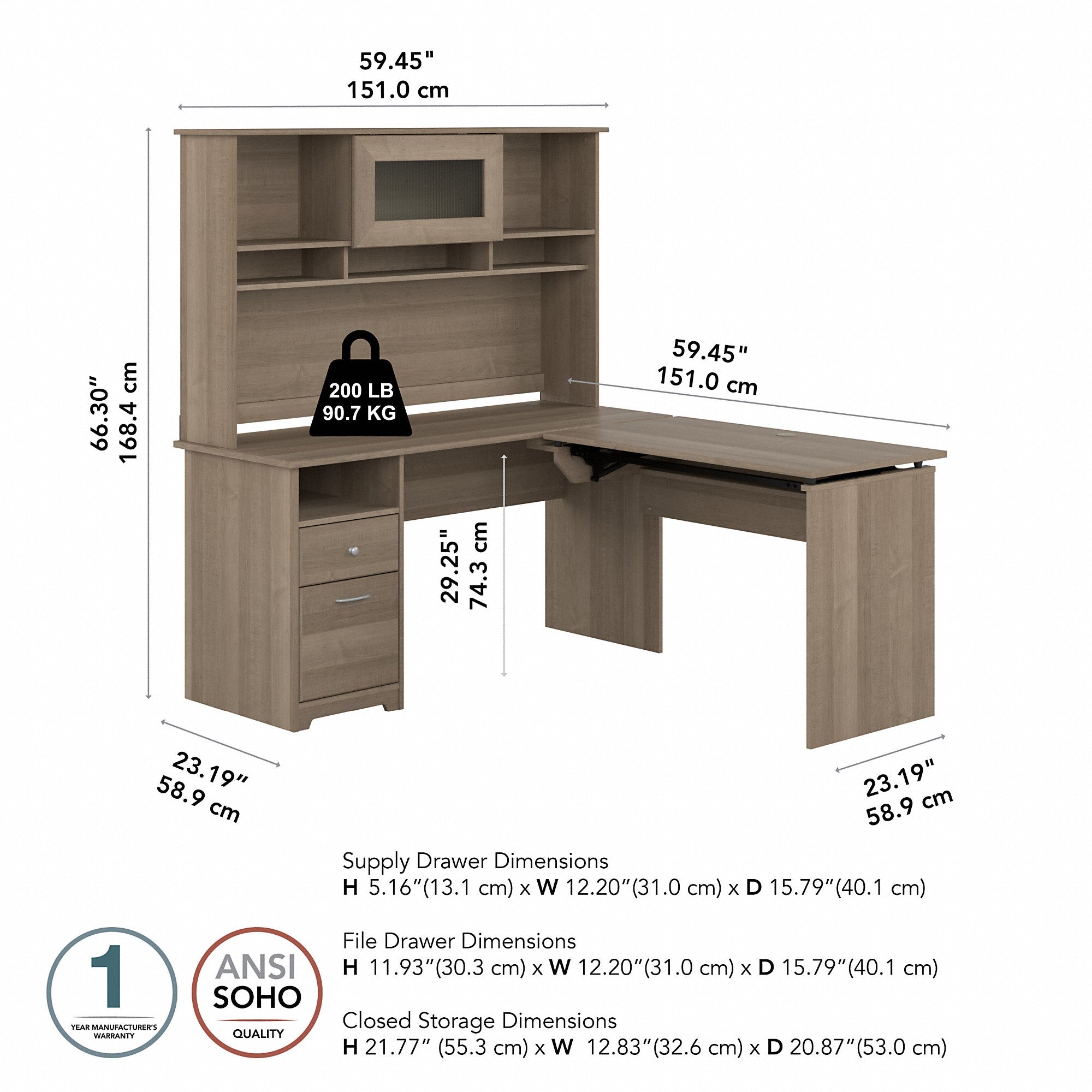 Bush Furniture Cabot 60W 3 Position Sit to Stand L Shaped Desk with Hutch